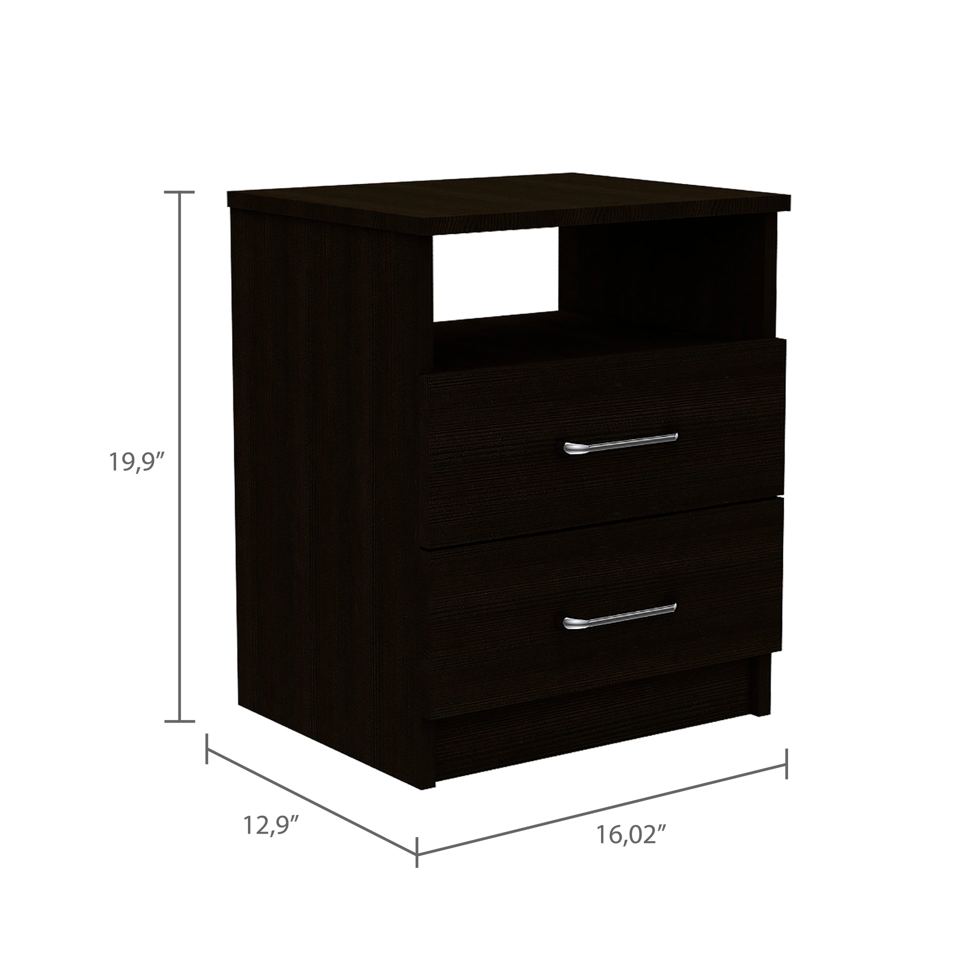 Dark espresso nightstand with two drawers and an open shelf  W x  D