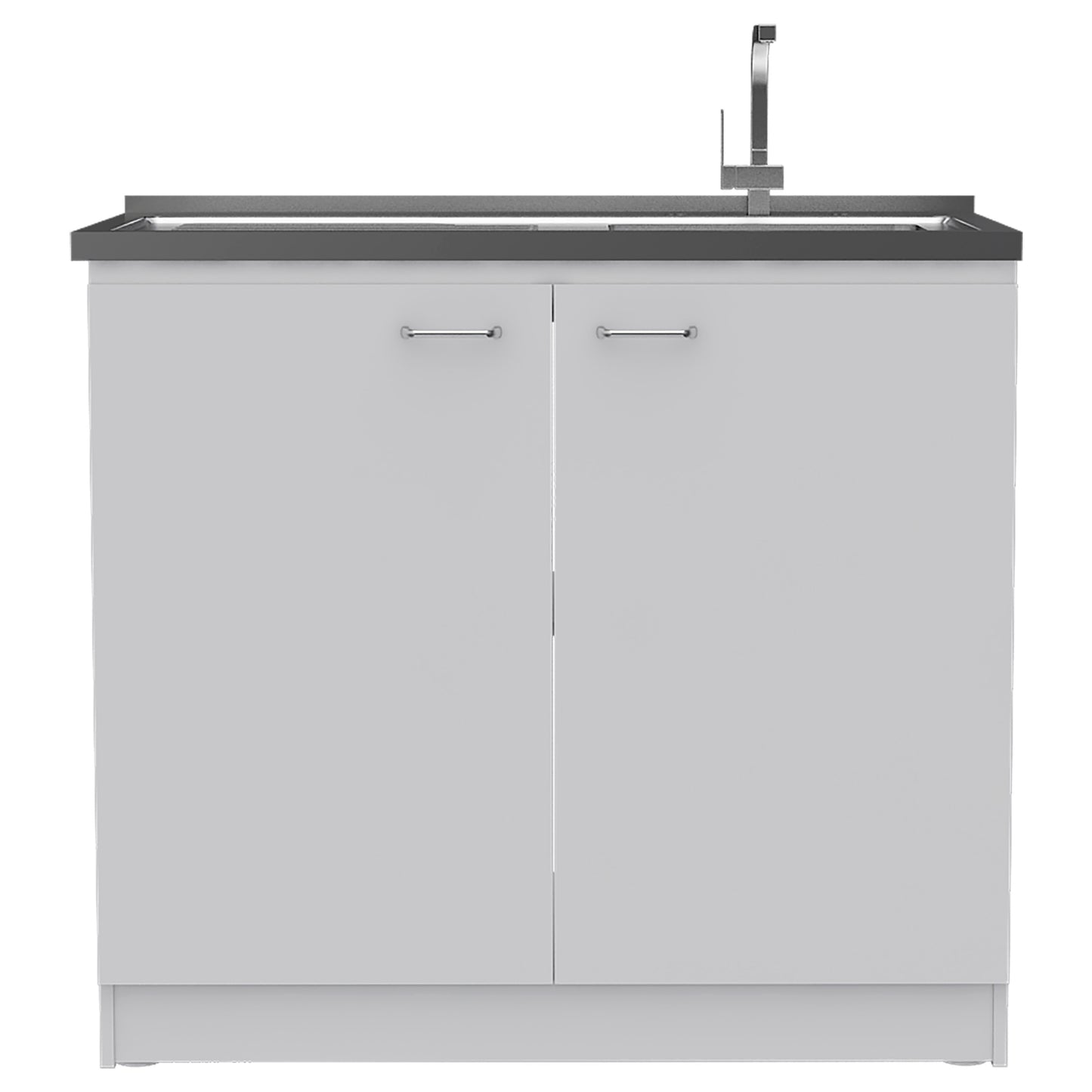 Modern white kitchen sink cabinet with brushed nickel hardware and a sleek faucet