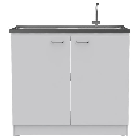 Modern white kitchen sink cabinet with brushed nickel hardware and a sleek faucet
