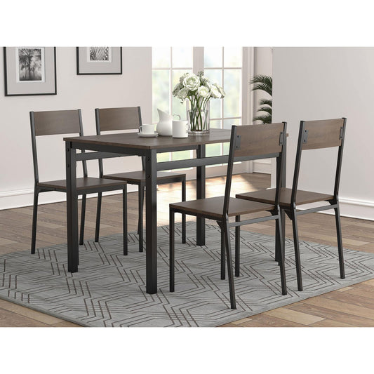 Industrial style dining set with four black metal frame chairs and dark wood seats