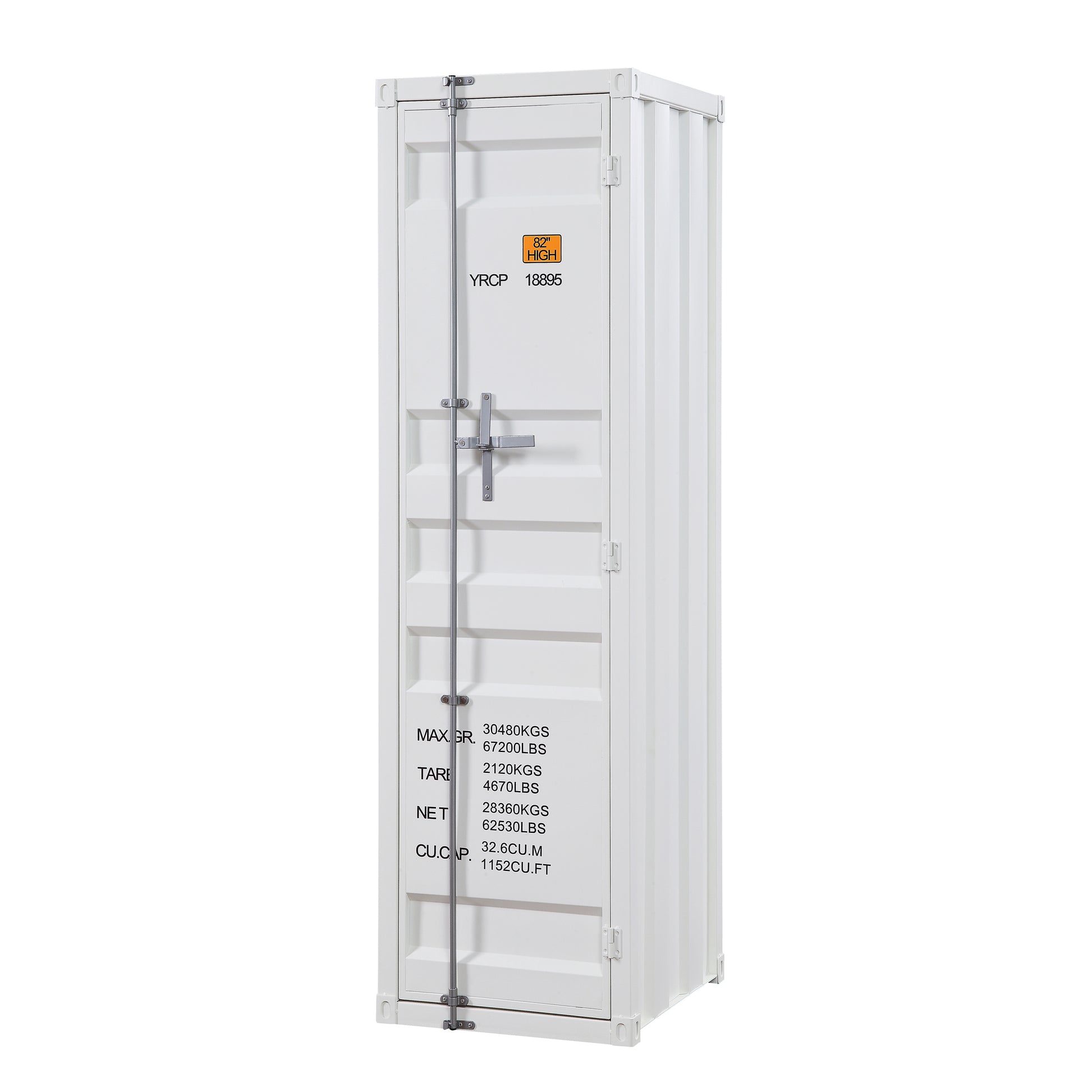 White inch high storage container with metal latch and branding