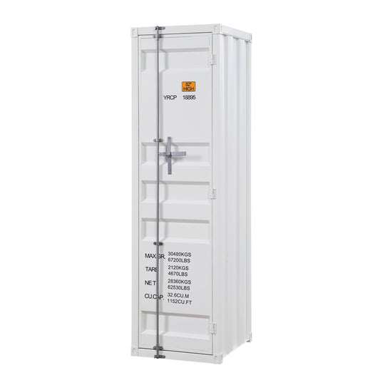 White inch high storage container with metal latch and branding