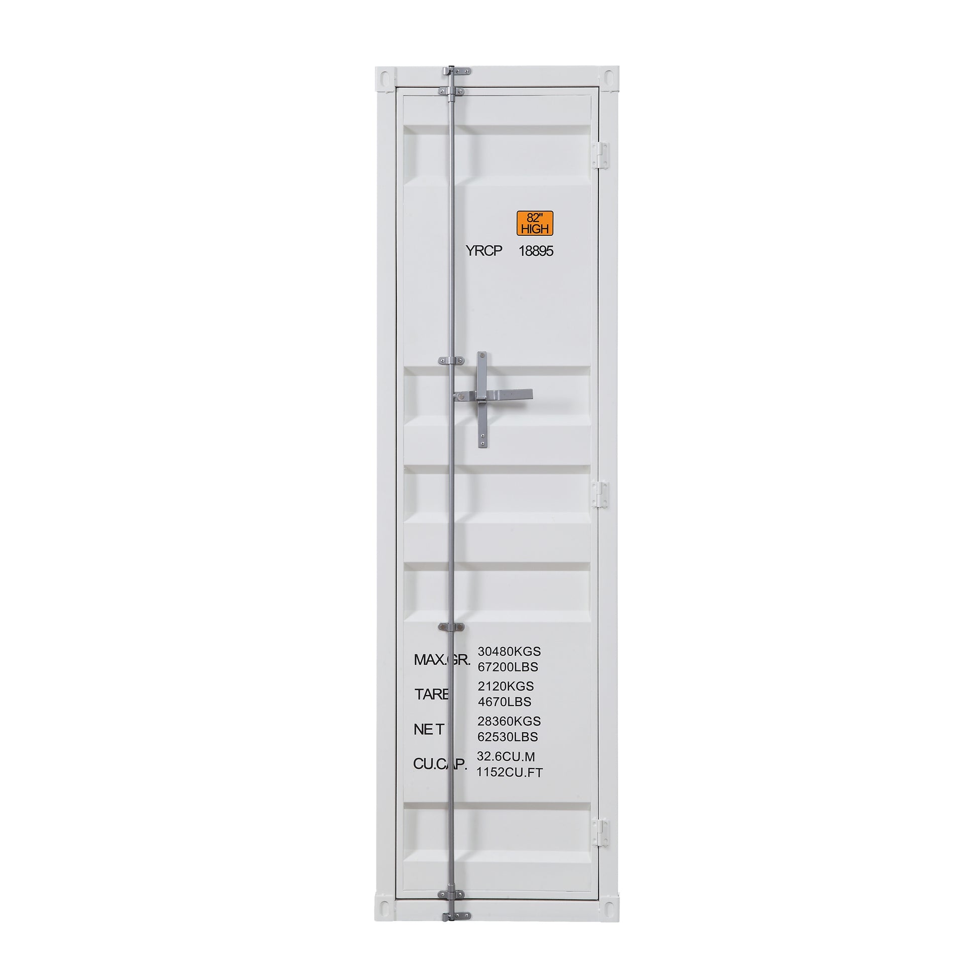 White  x  shipping container with secure latch and weight labels for cargo transport