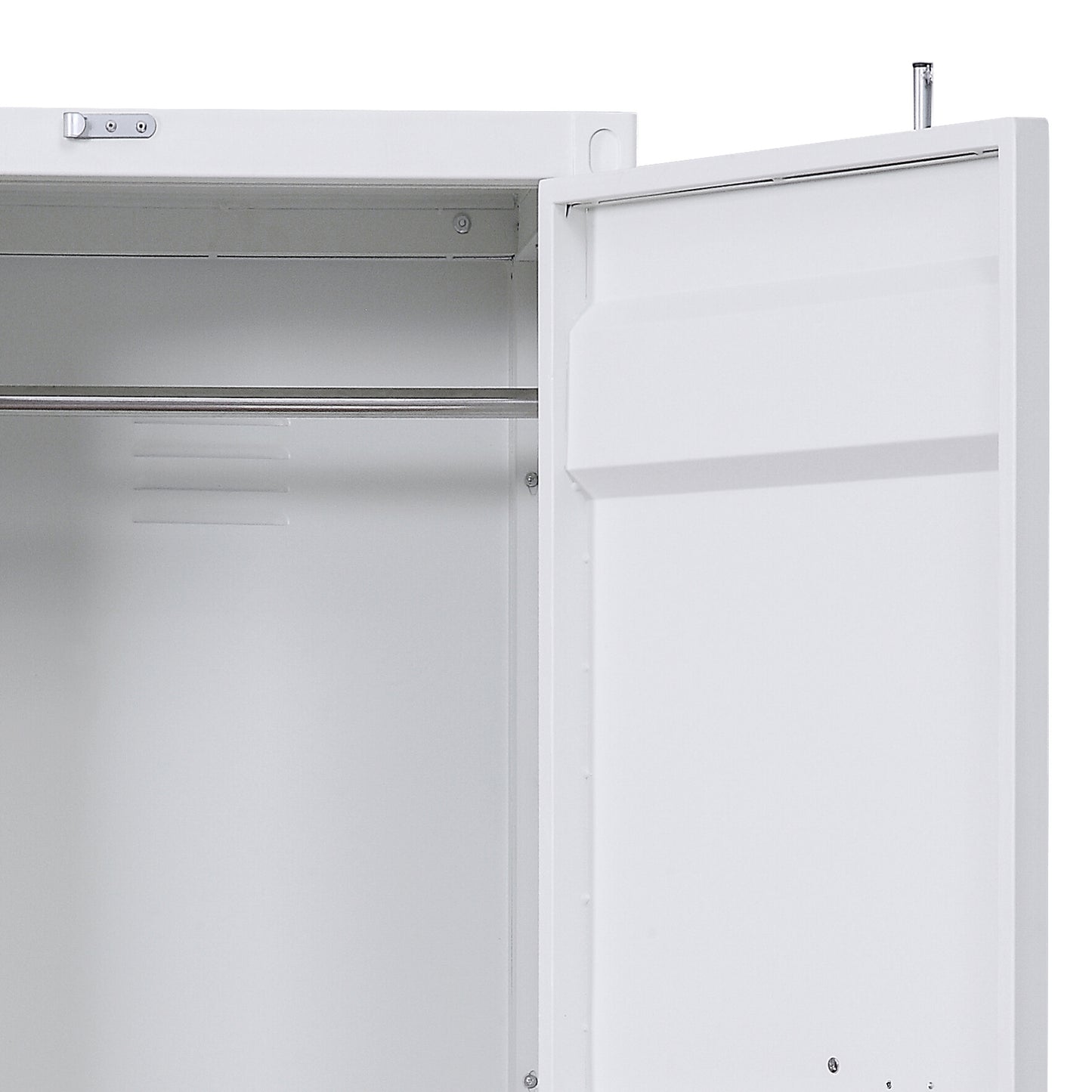 White metal locker interior with hanging rod and open door ideal for school or gym storage