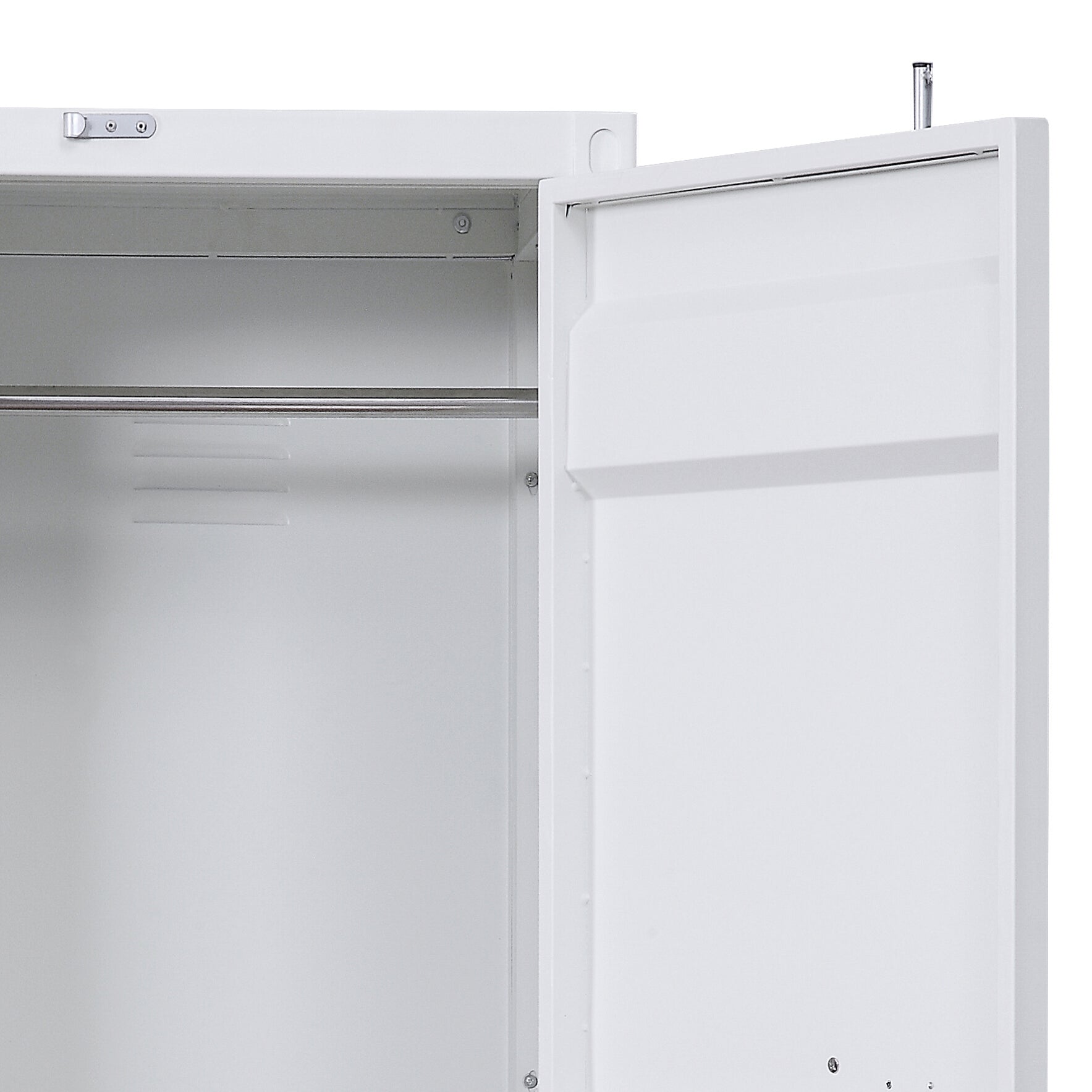 White metal locker interior with hanging rod and open door ideal for school or gym storage