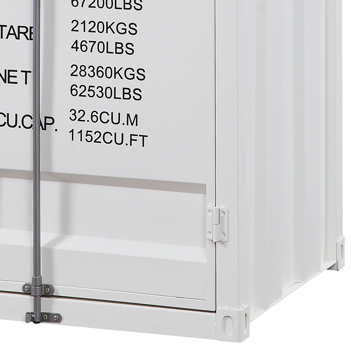 White storage container with shipping markings and metal latch