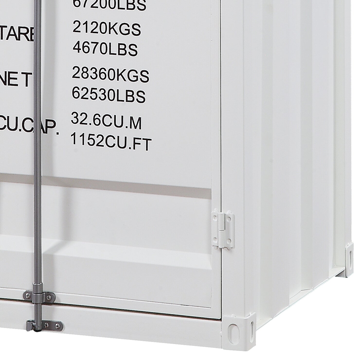 White storage container with shipping markings and metal latch