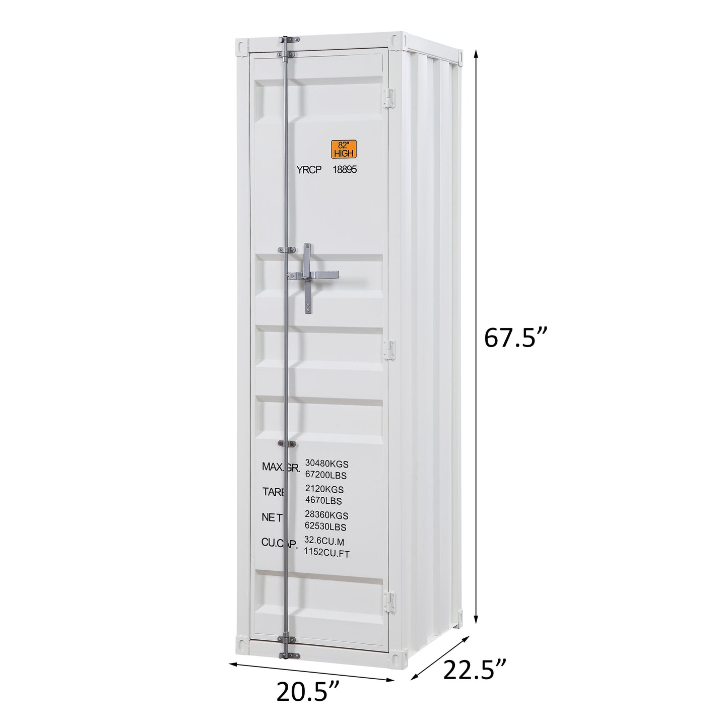 White  inch wide mini storage container with metal latch and cargo markings