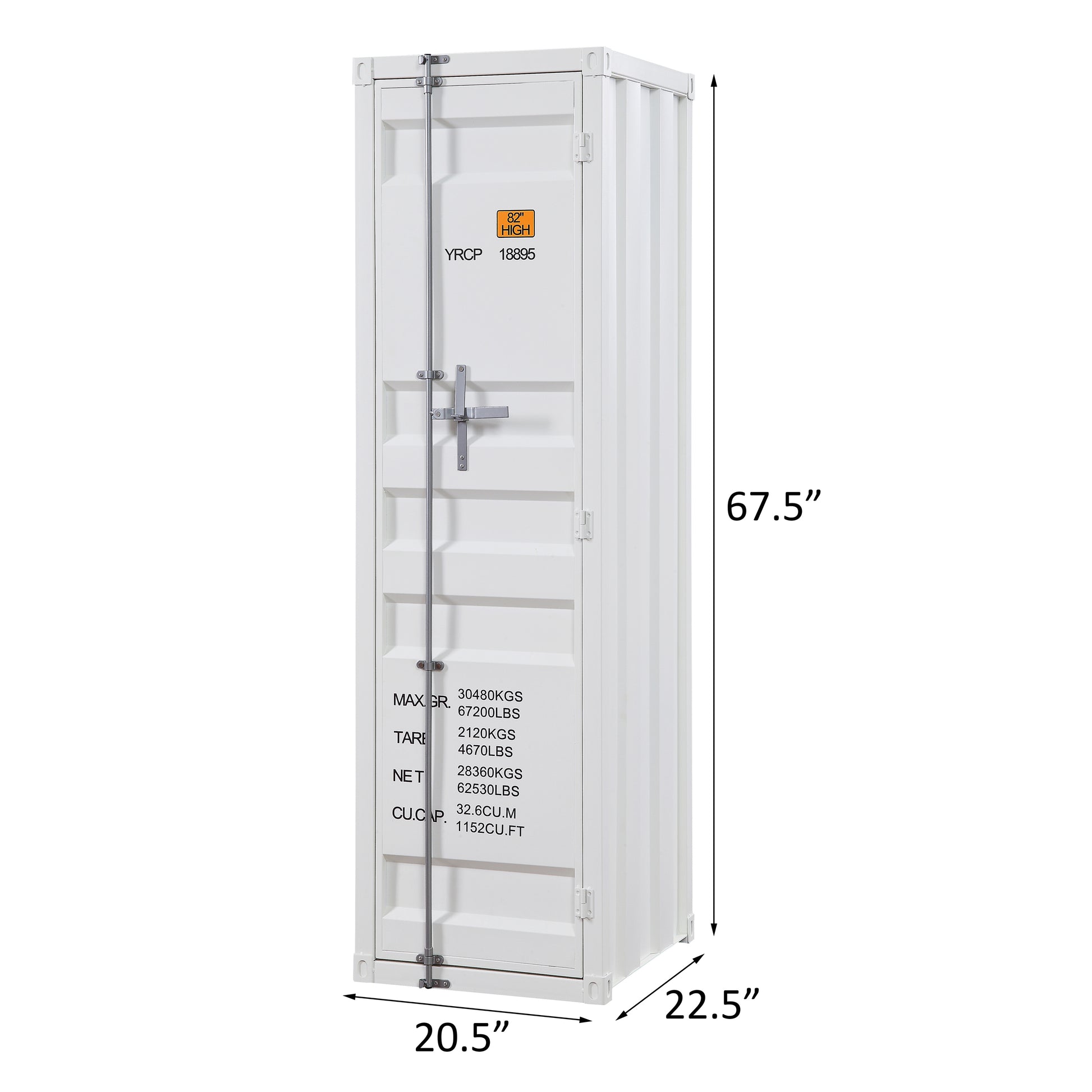 White  inch wide mini storage container with metal latch and cargo markings