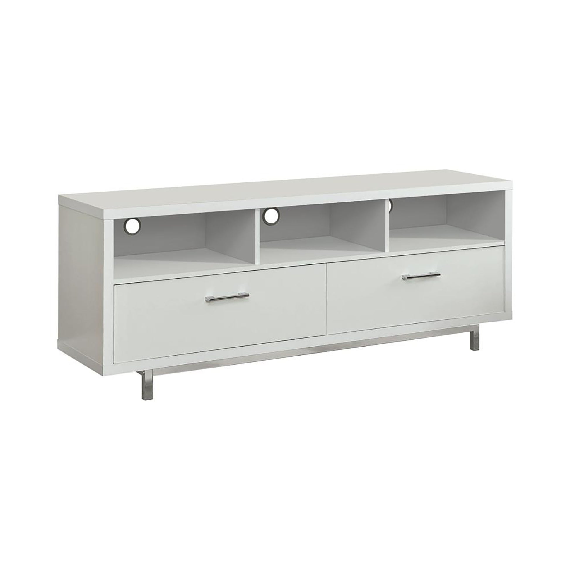 Sleek white modern media console with two drawers and open shelves for media storage
