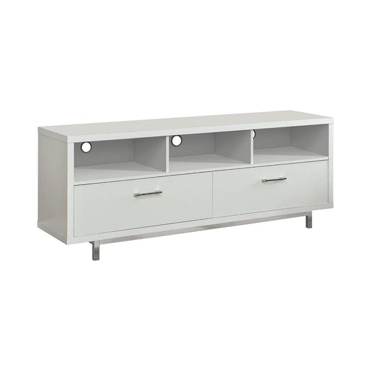 Sleek white modern media console with two drawers and open shelves for media storage