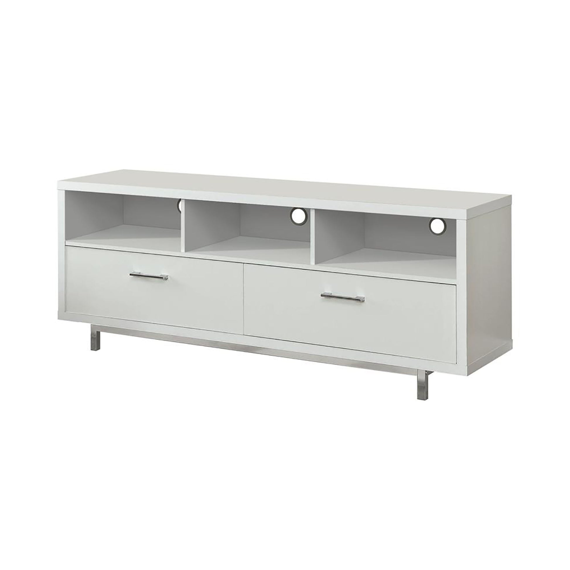 Sleek white media console with two drawers and open shelving for entertainment systems