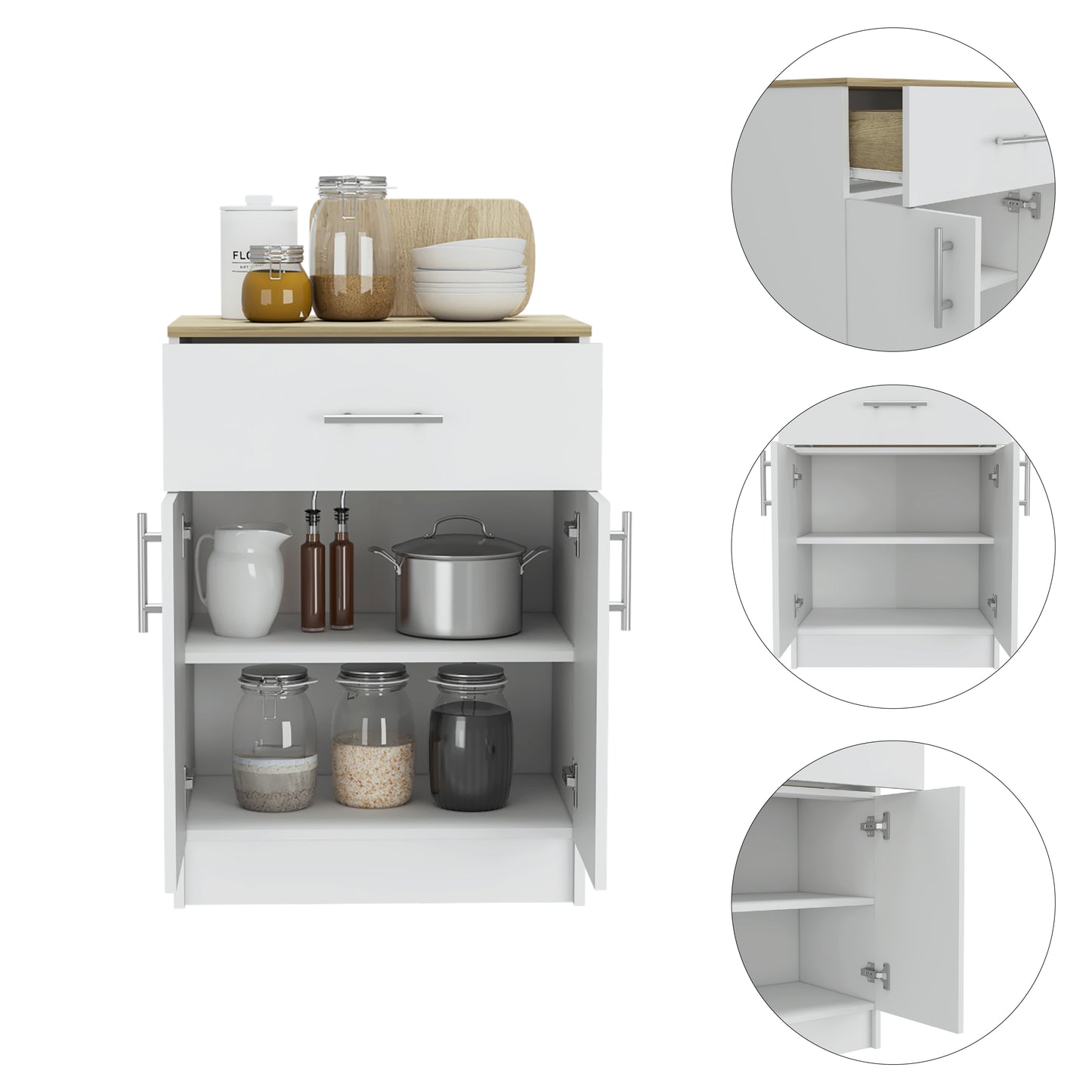 White kitchen cabinet with wood accents featuring open shelves and a drawer for storage