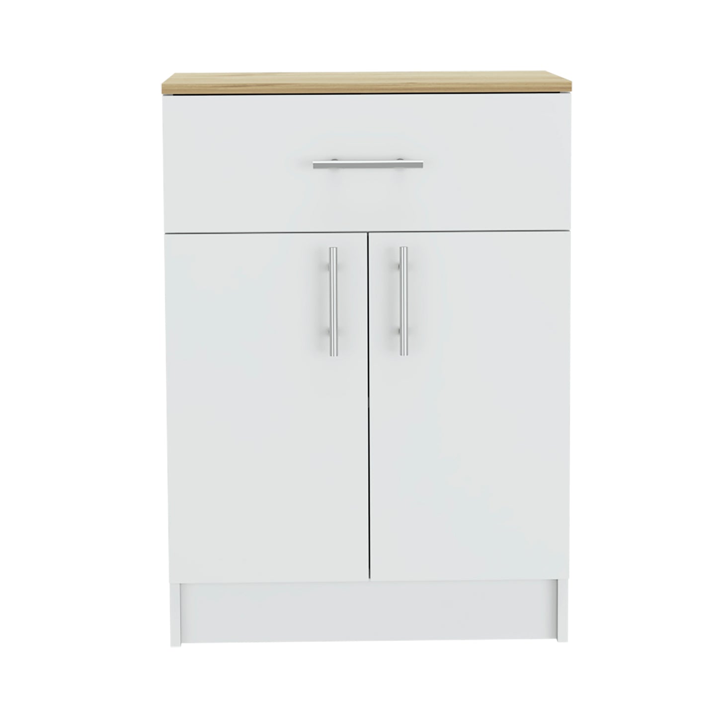Modern white twodoor cabinet with one drawer and a woodeffect top perfect for small spaces