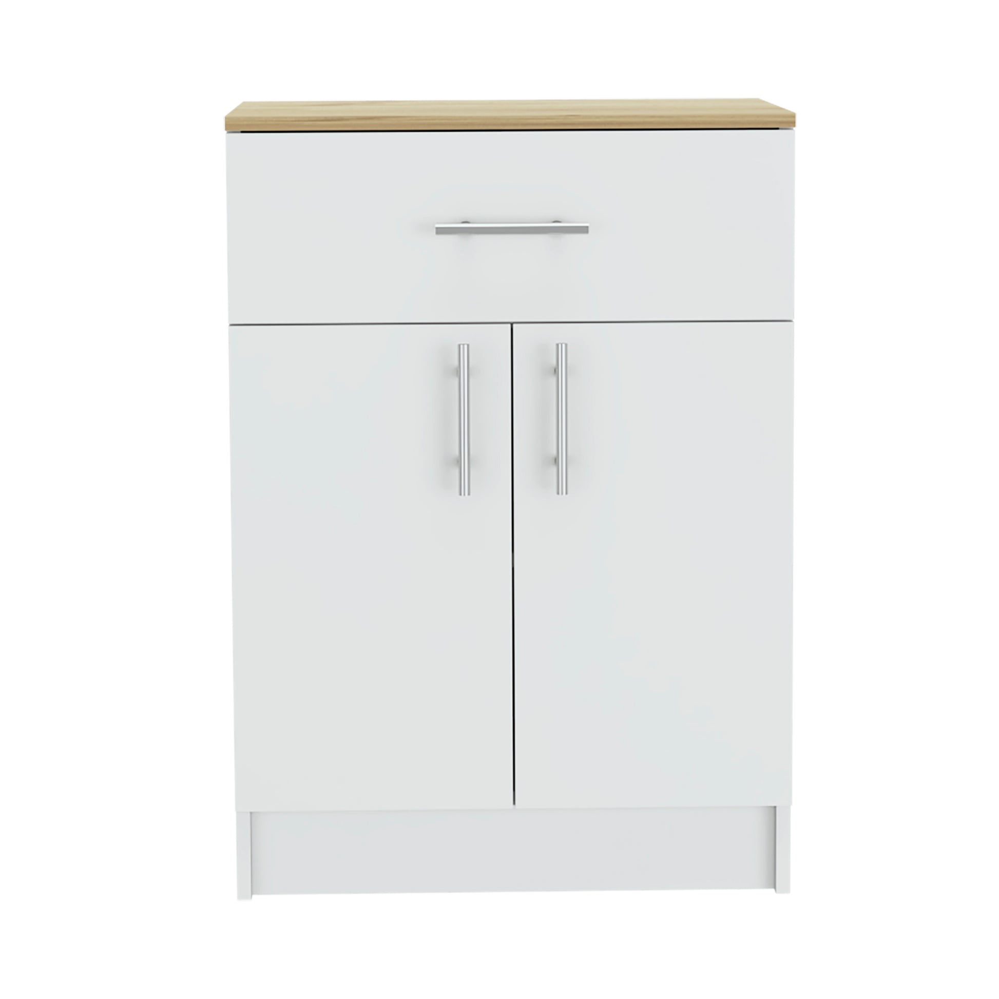 Modern white twodoor cabinet with one drawer and a woodeffect top perfect for small spaces