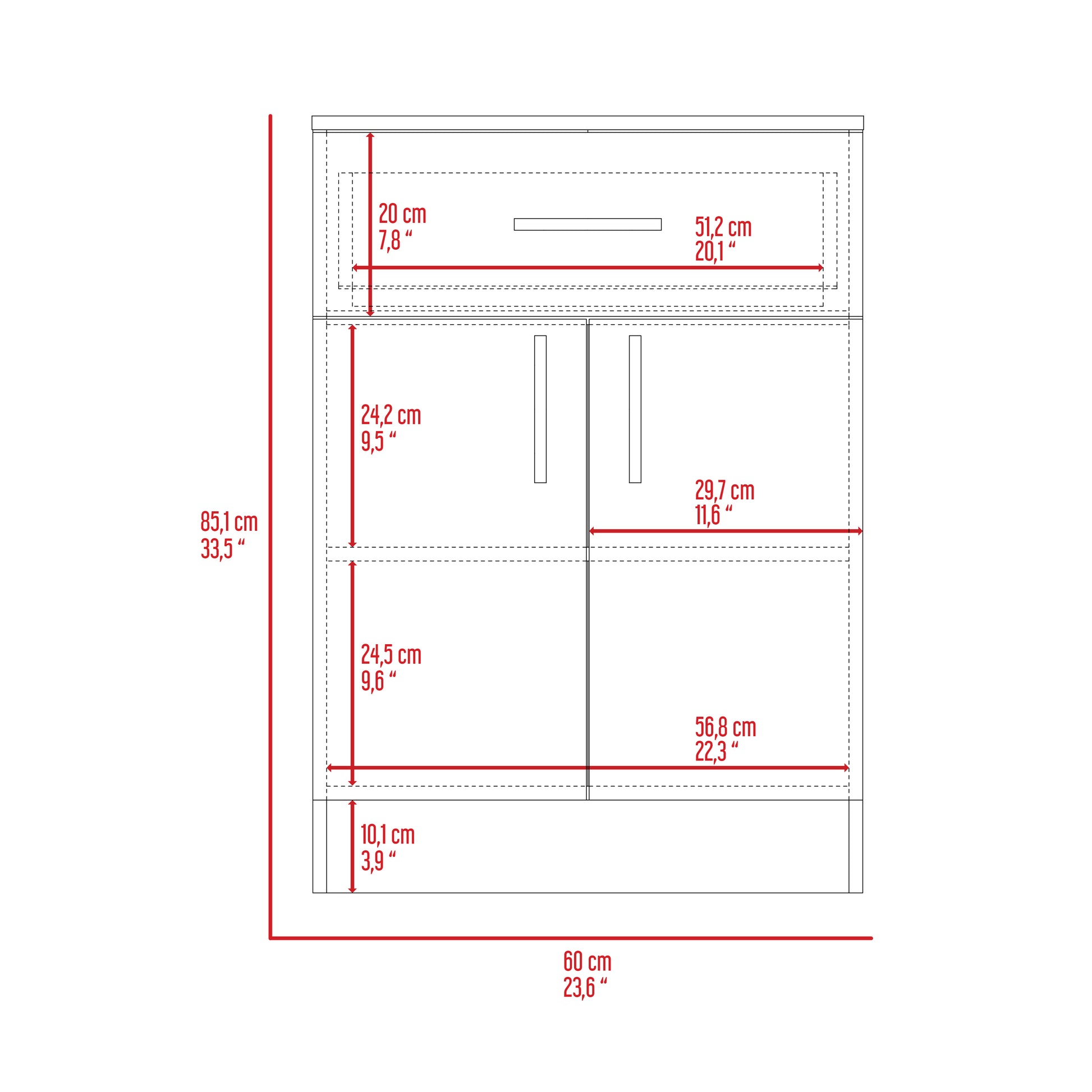 Diagram of a cm vanity unit showing internal drawer and cabinet dimensions