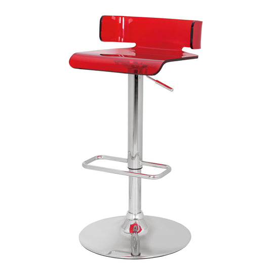 Transparent red acrylic modern bar stool with chrome pedestal base and footrest