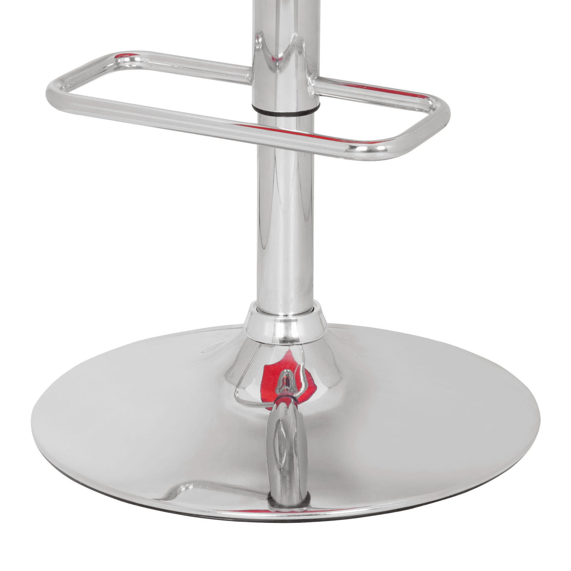 Shiny chrome bar stool base with adjustable height lever and footrest support