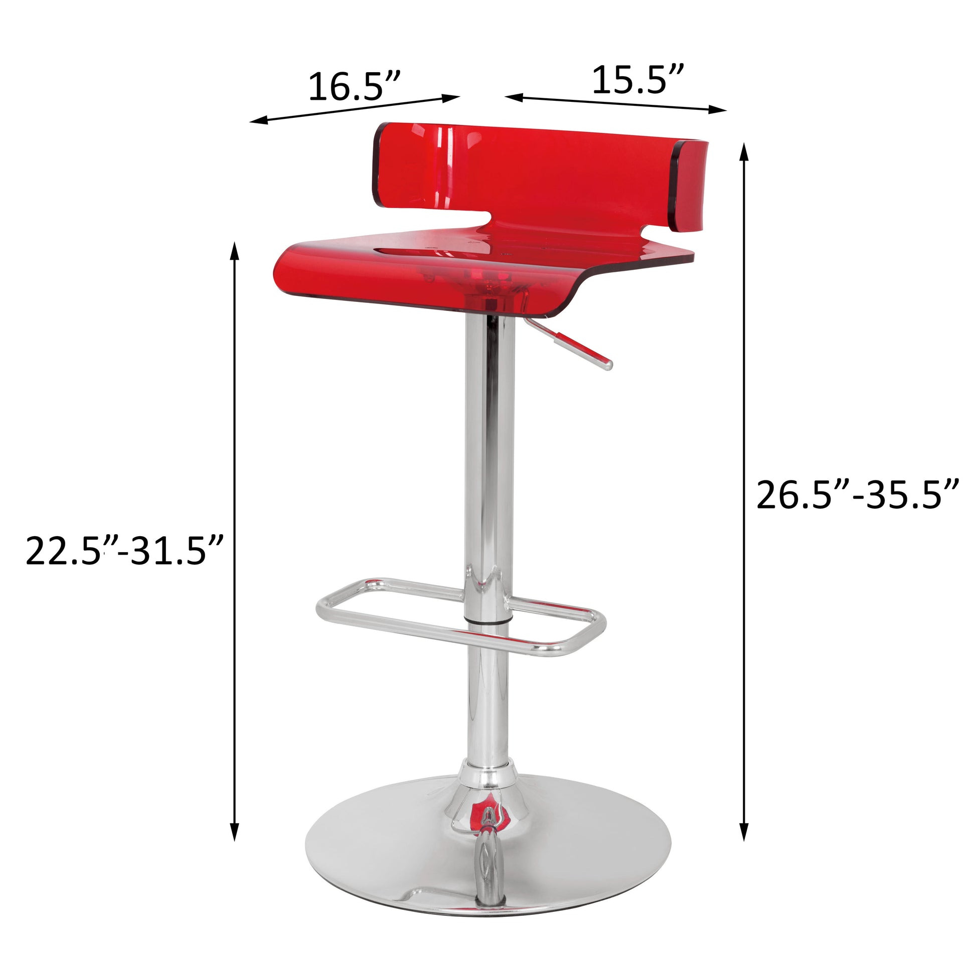 Adjustable height red acrylic bar stool with chrome base and footrest