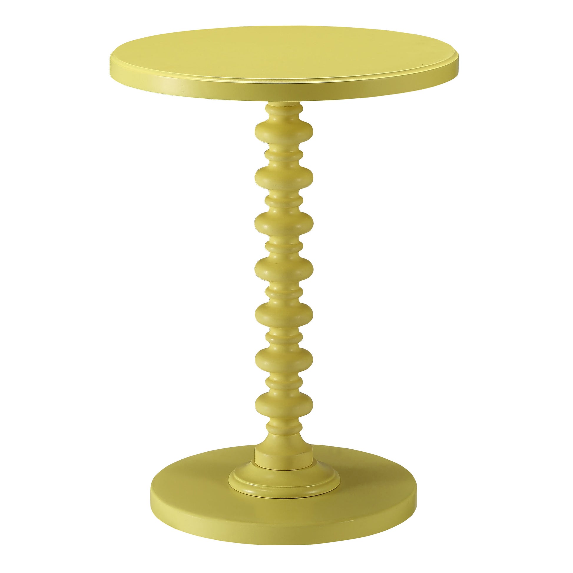 Yellow pedestal side table with a decorative turned spindle base