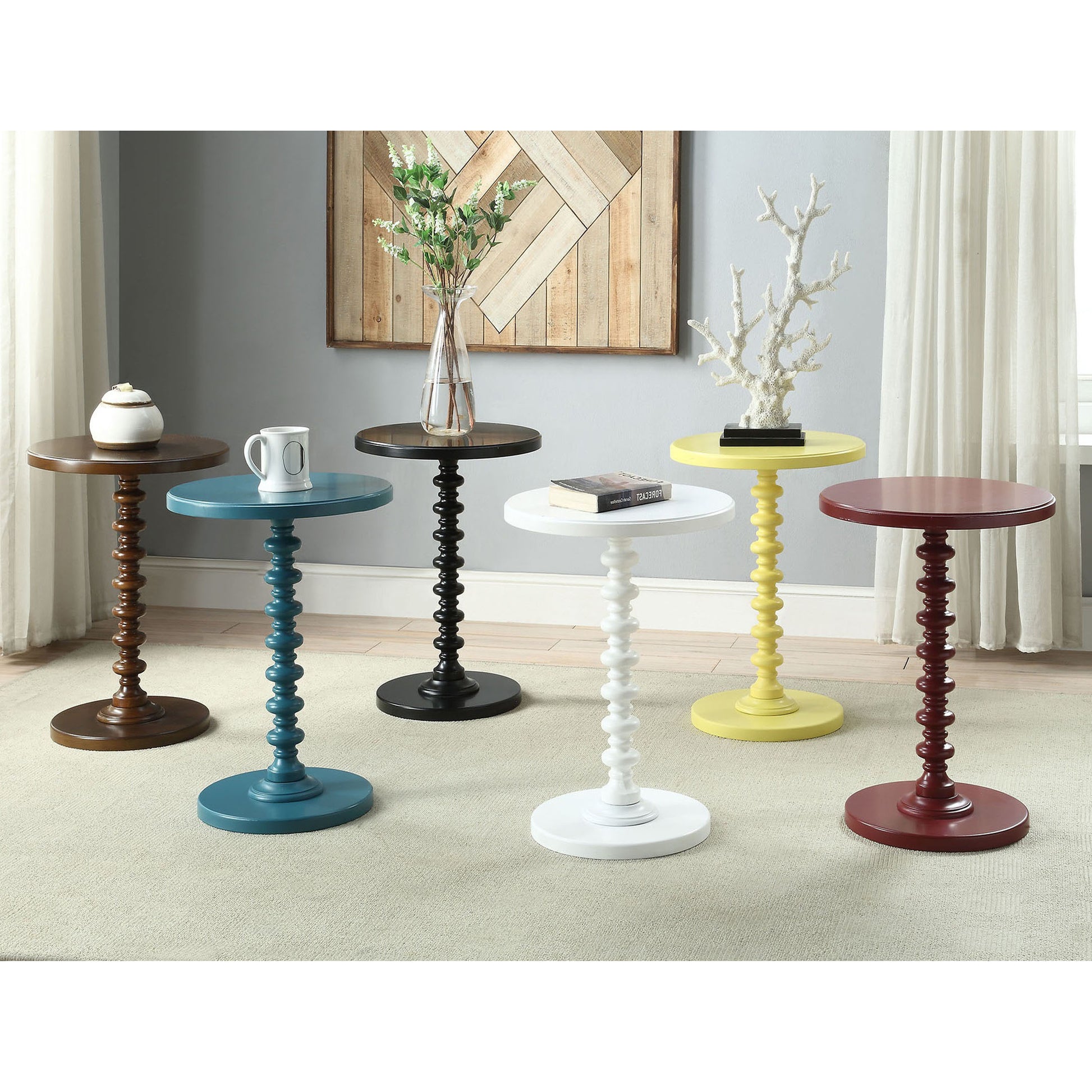 Brown accent table with beaded pedestal base perfect for small spaces