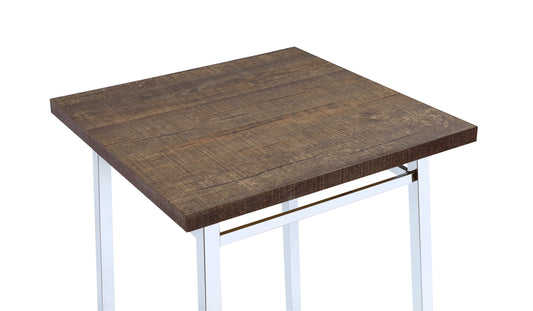 Rustic brown wooden side table with a sleek chrome frame