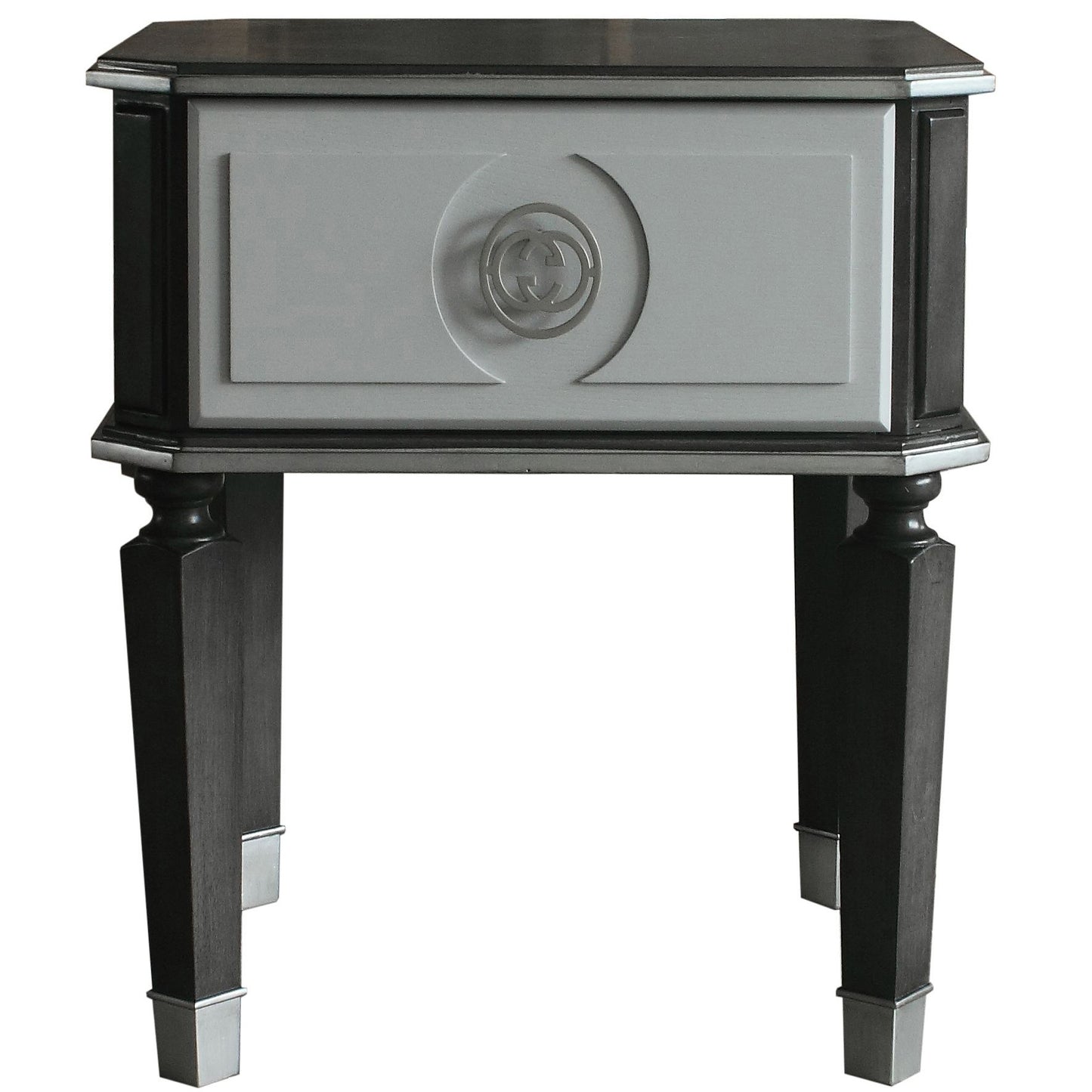 Elegant grey and dark wood accent table with circular Gucci logo drawer pull