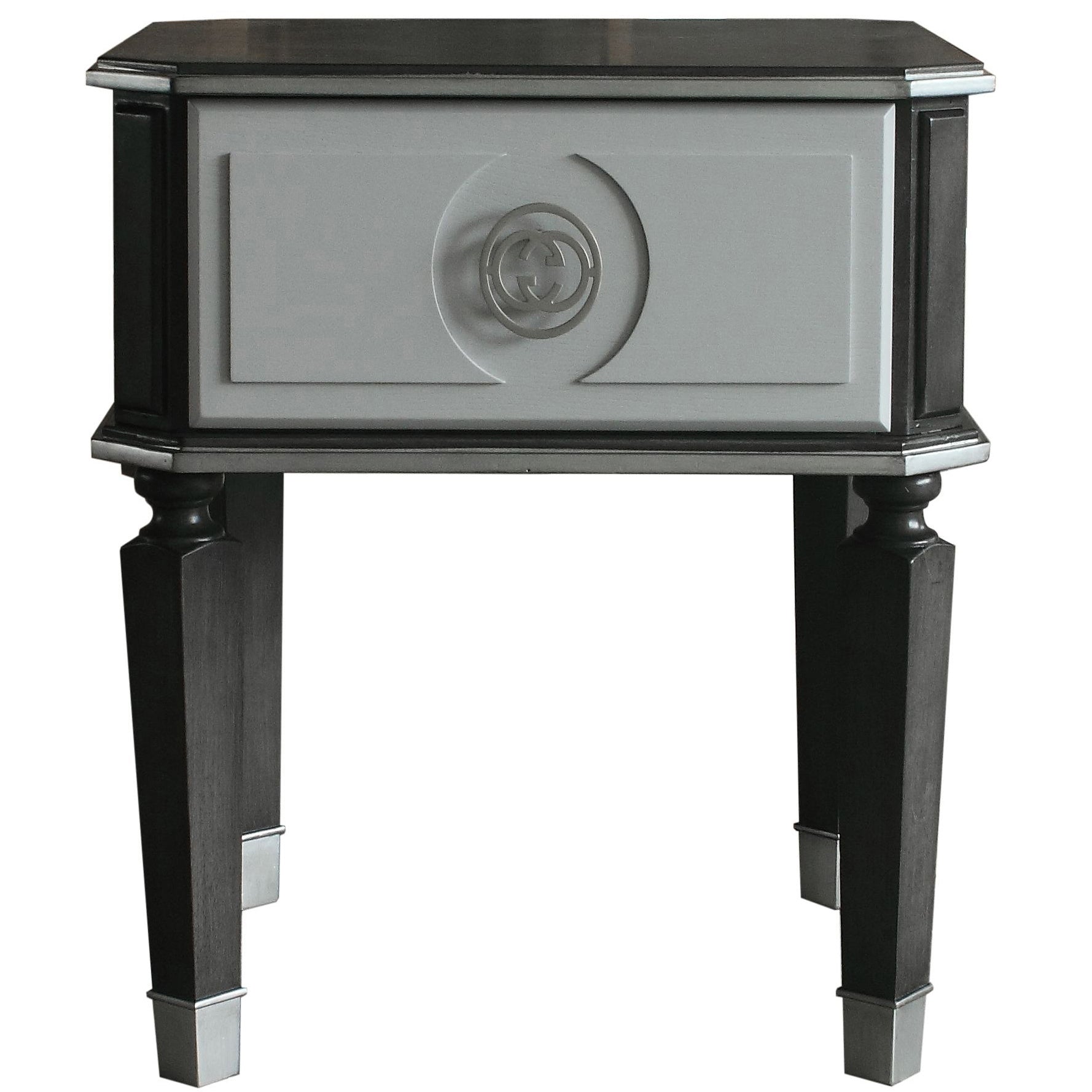 Elegant grey and dark wood accent table with circular Gucci logo drawer pull
