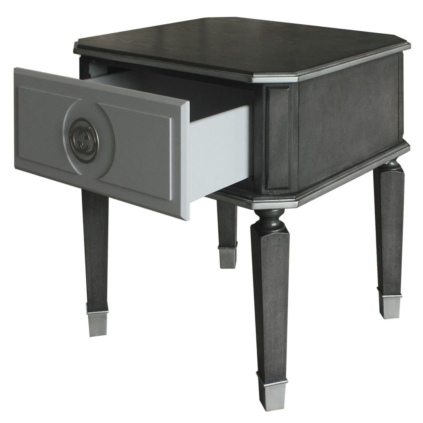 Dark wood end table with a single grey drawer pulled open featuring silver hardware