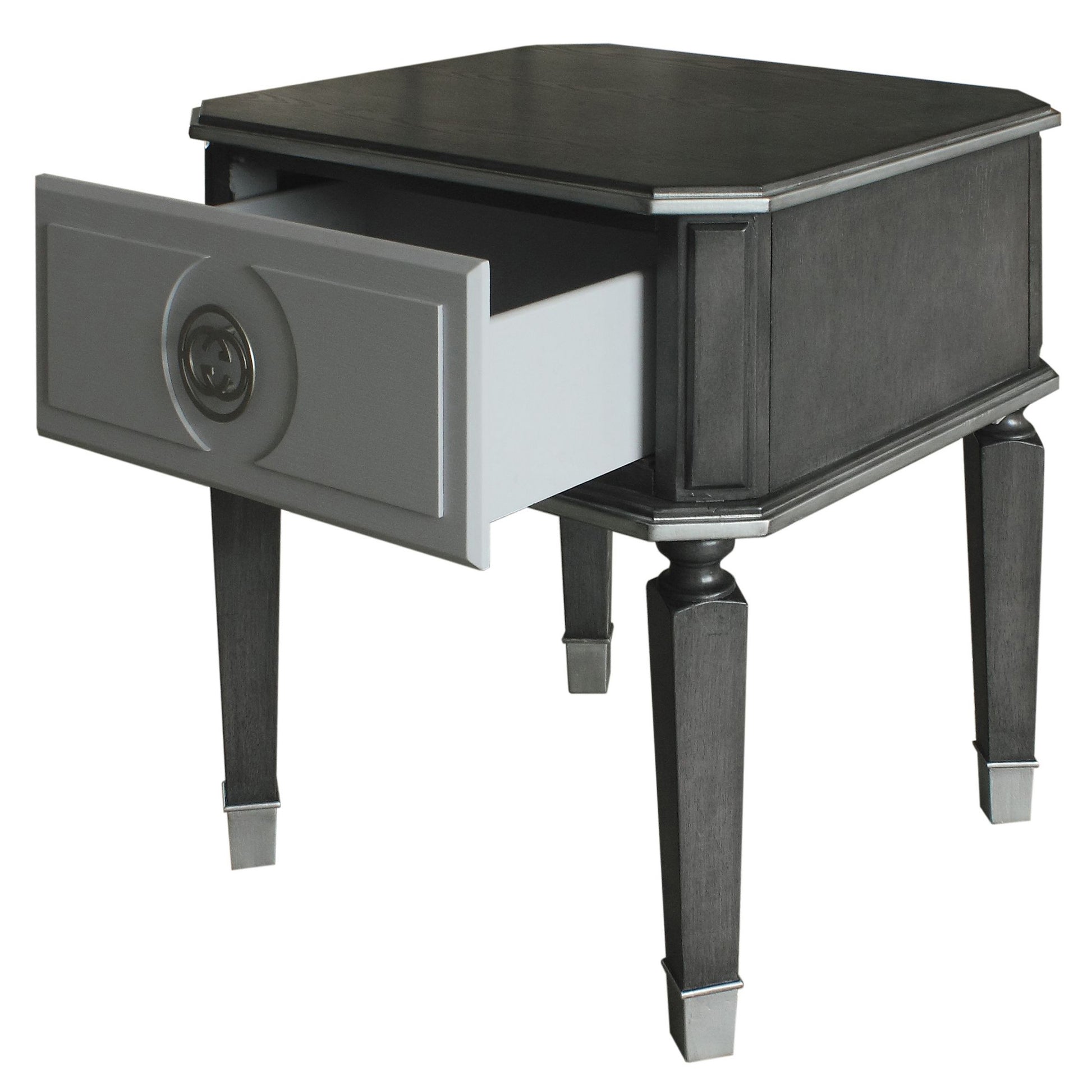 Dark wood end table with a single grey drawer pulled open featuring silver hardware