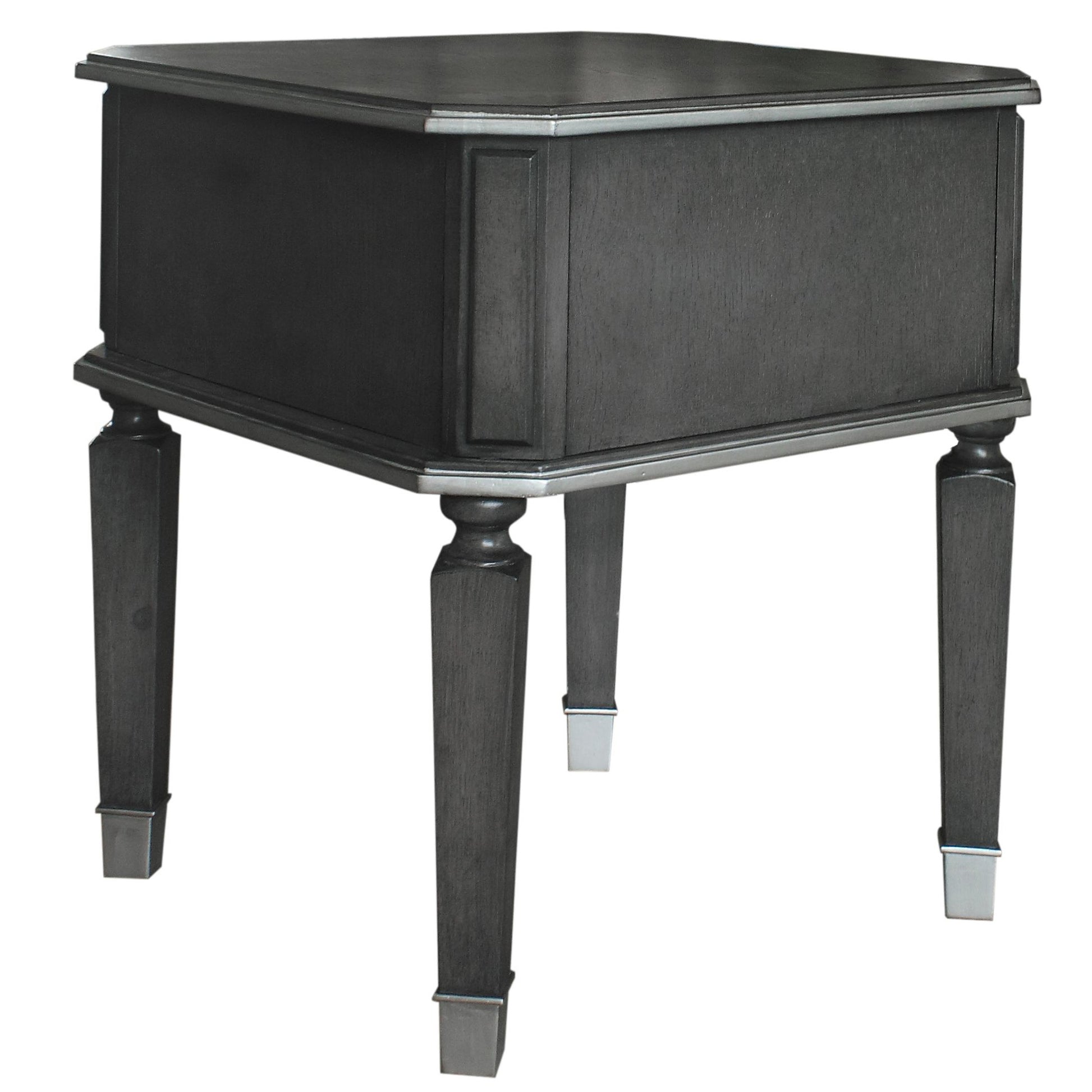 Dark gray wooden end table with silver accents on legs and trim