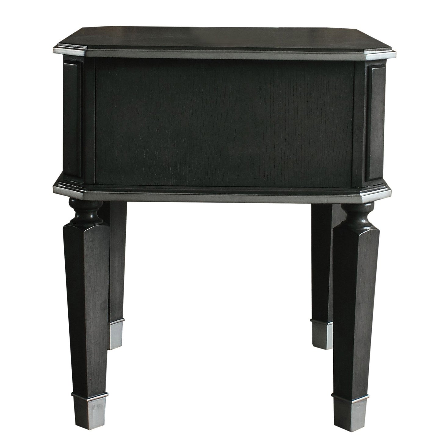 Dark grey modern accent table with tapered legs and brushed nickel accents