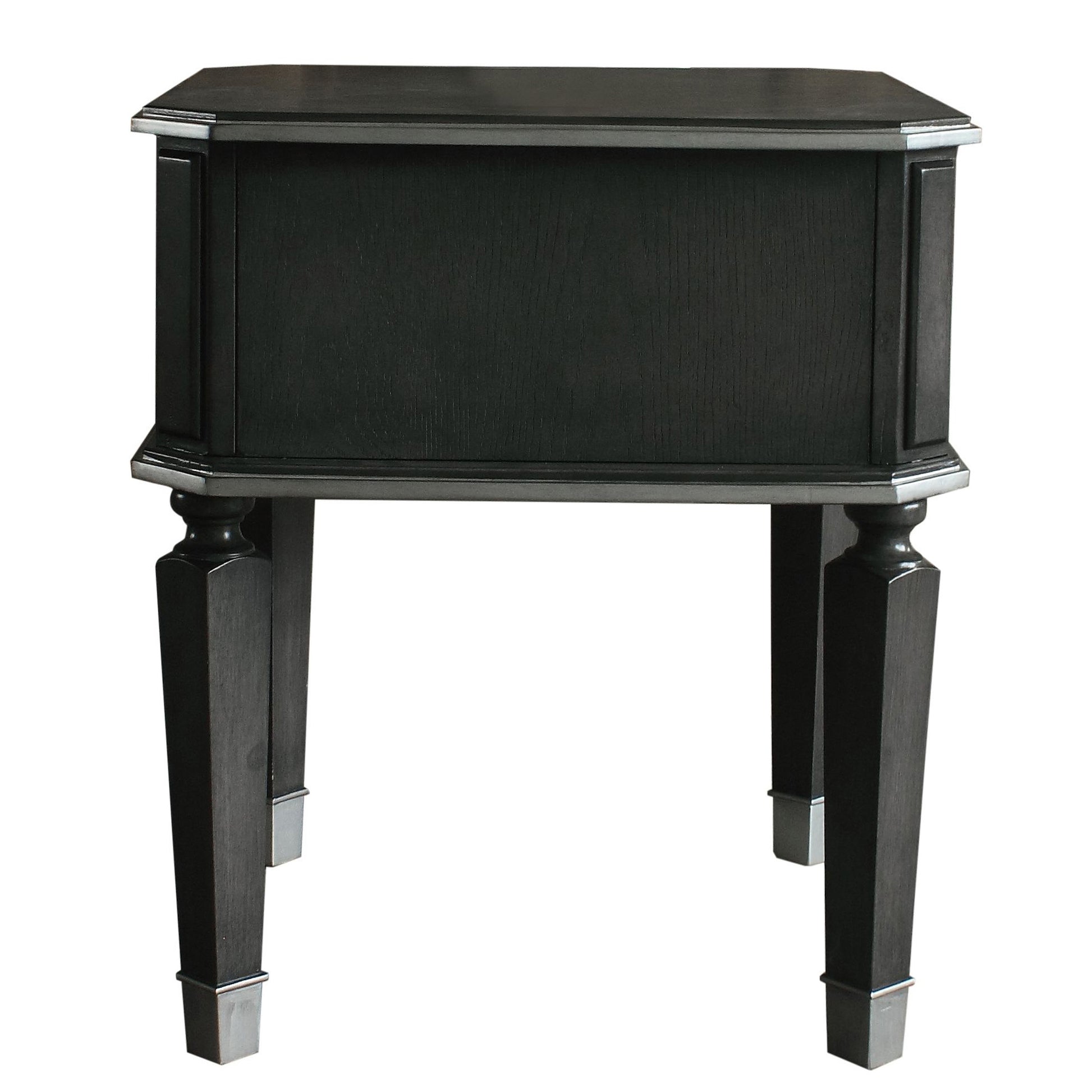 Dark grey modern accent table with tapered legs and brushed nickel accents