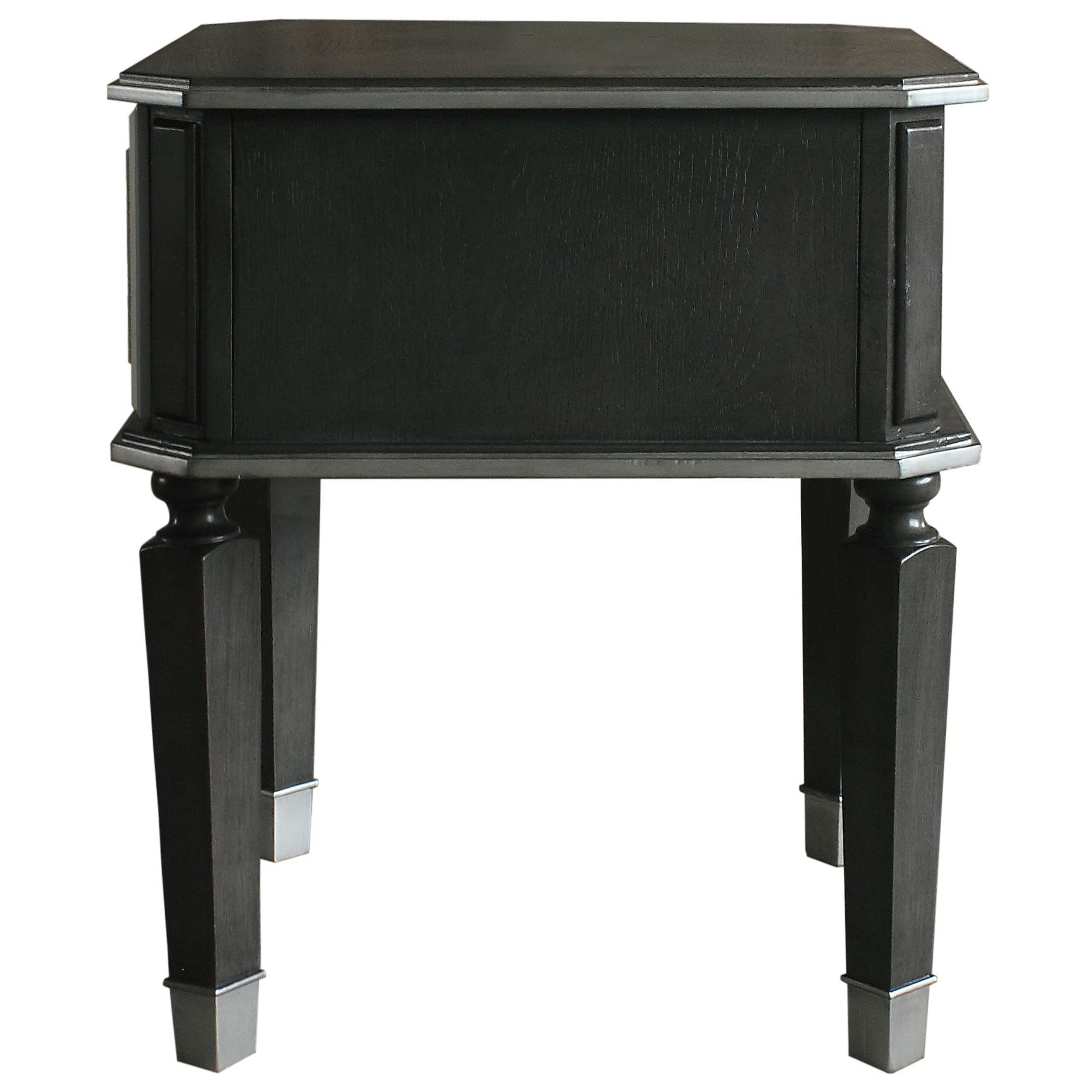 Black wooden accent table with silver accents on legs and top edge