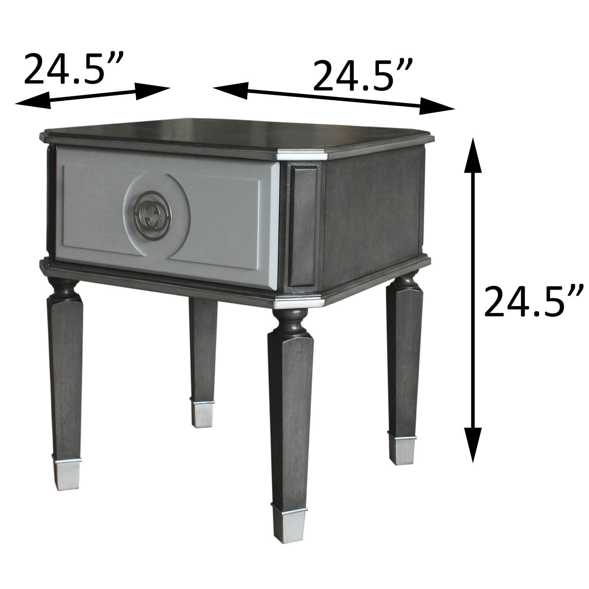 Dark wood end table with grey drawer and decorative circular emblem  inches tall