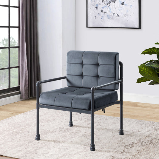 Modern gray upholstered accent chair with tufted cushions and black metal frame