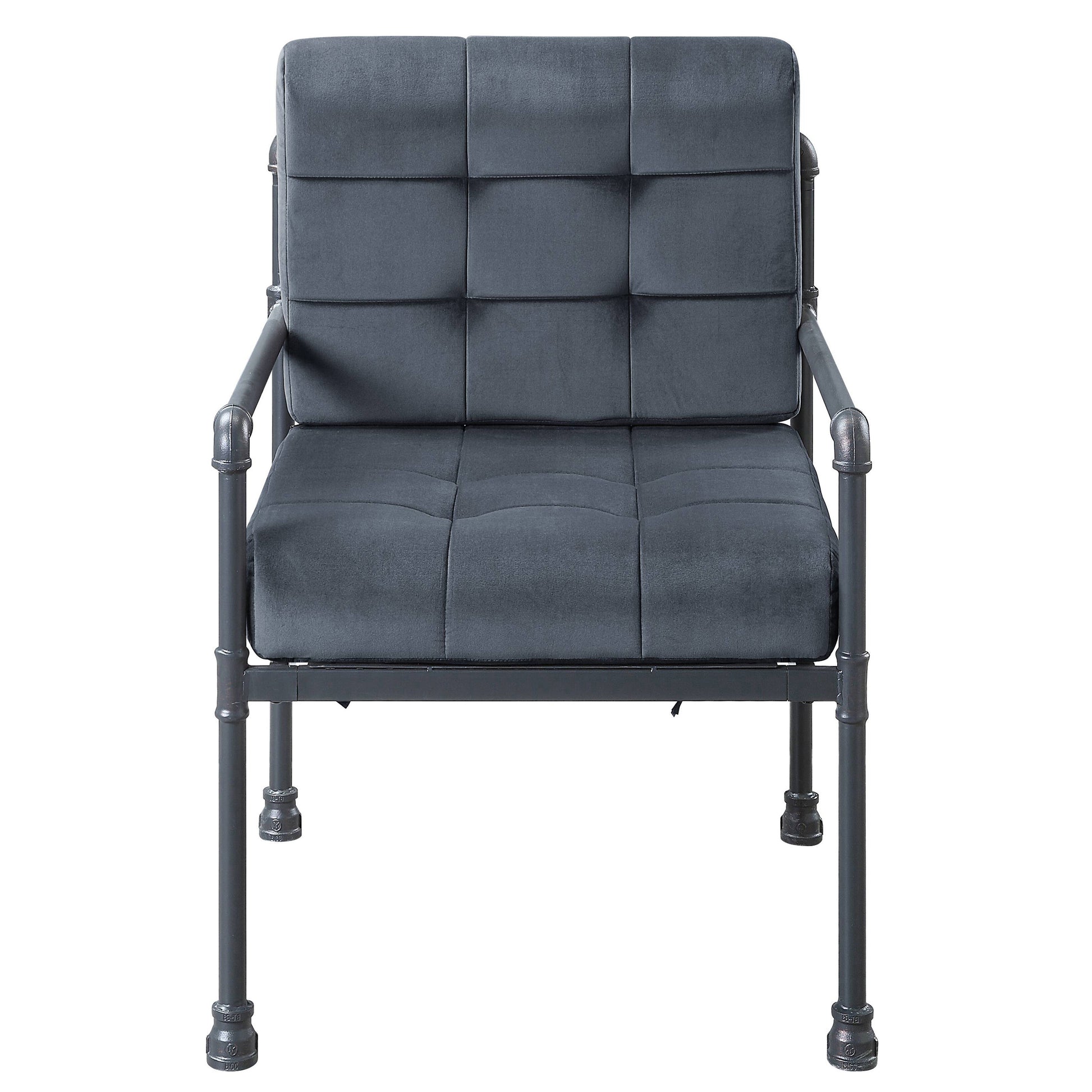 Dark gray tufted velvet accent chair with industrial pipe frame and arms