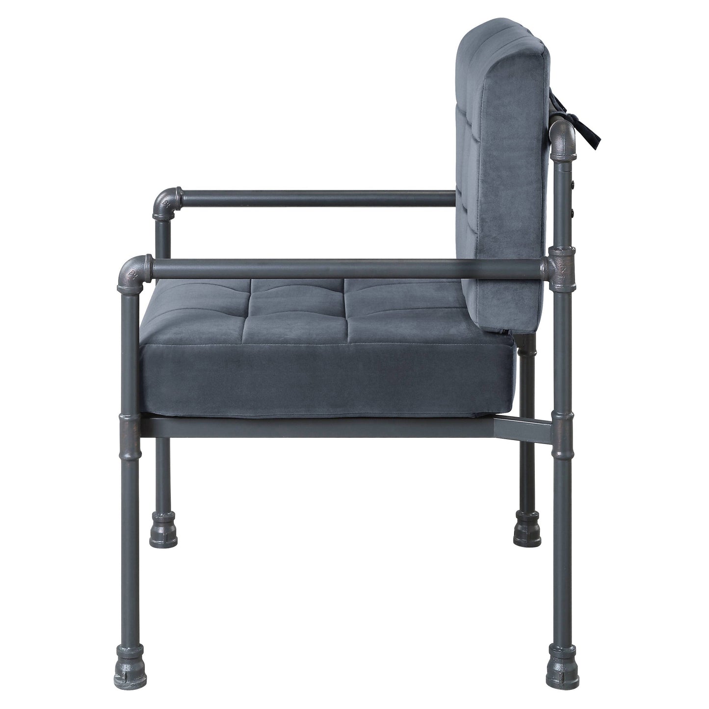 Gray velvet armchair with a tufted seat and back industrial pipe frame