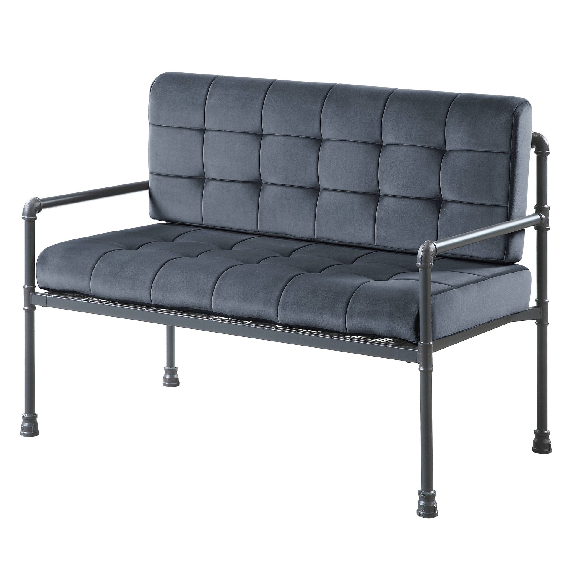 Tufted charcoal grey velvet loveseat with industrial pipe frame and arms