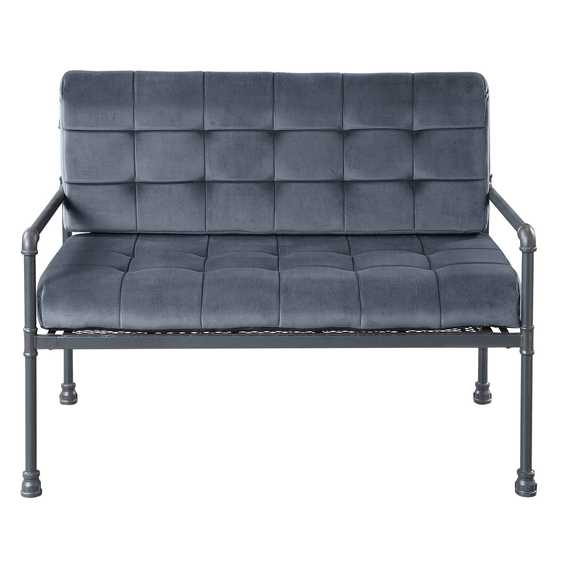 Dark grey velvet loveseat with button tufted cushions and industrial metal frame