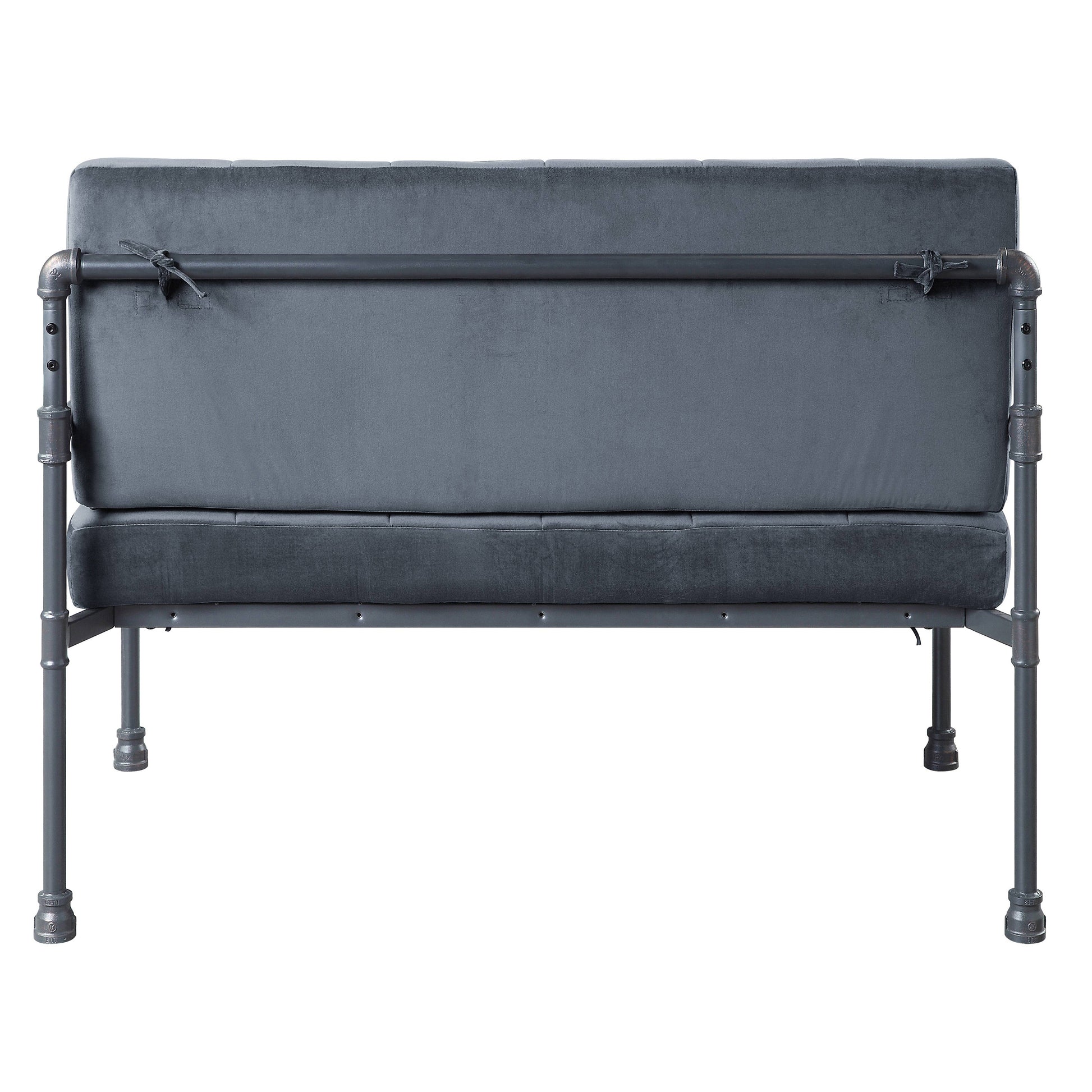 Dark grey velvet loveseat with industrial pipe frame tufted backrest and seat