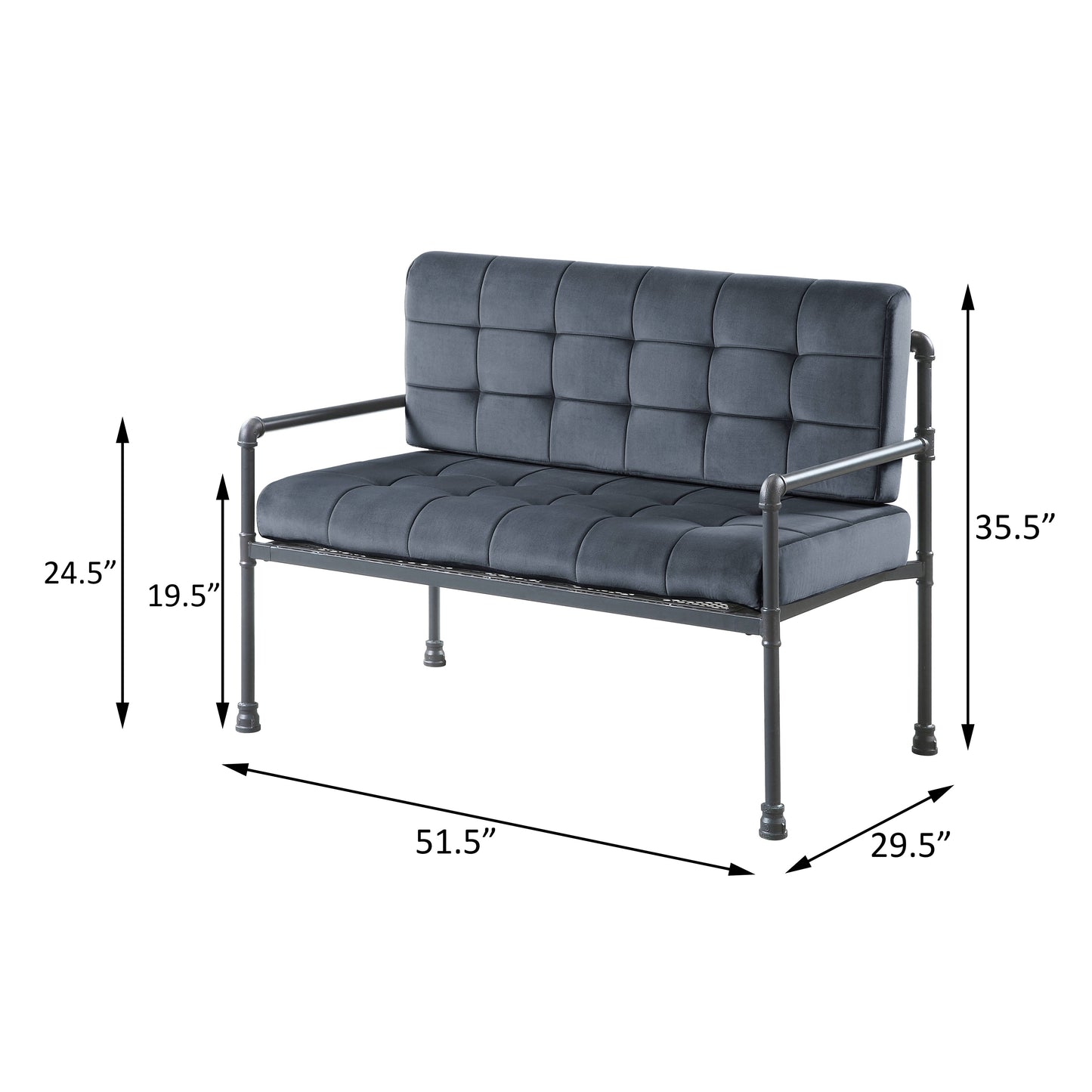 Dark grey velvet loveseat with tufted cushions and industrial pipe frame