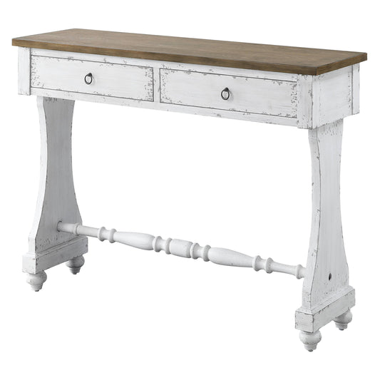 Distressed white wood console table with two drawers and a rustic wooden top