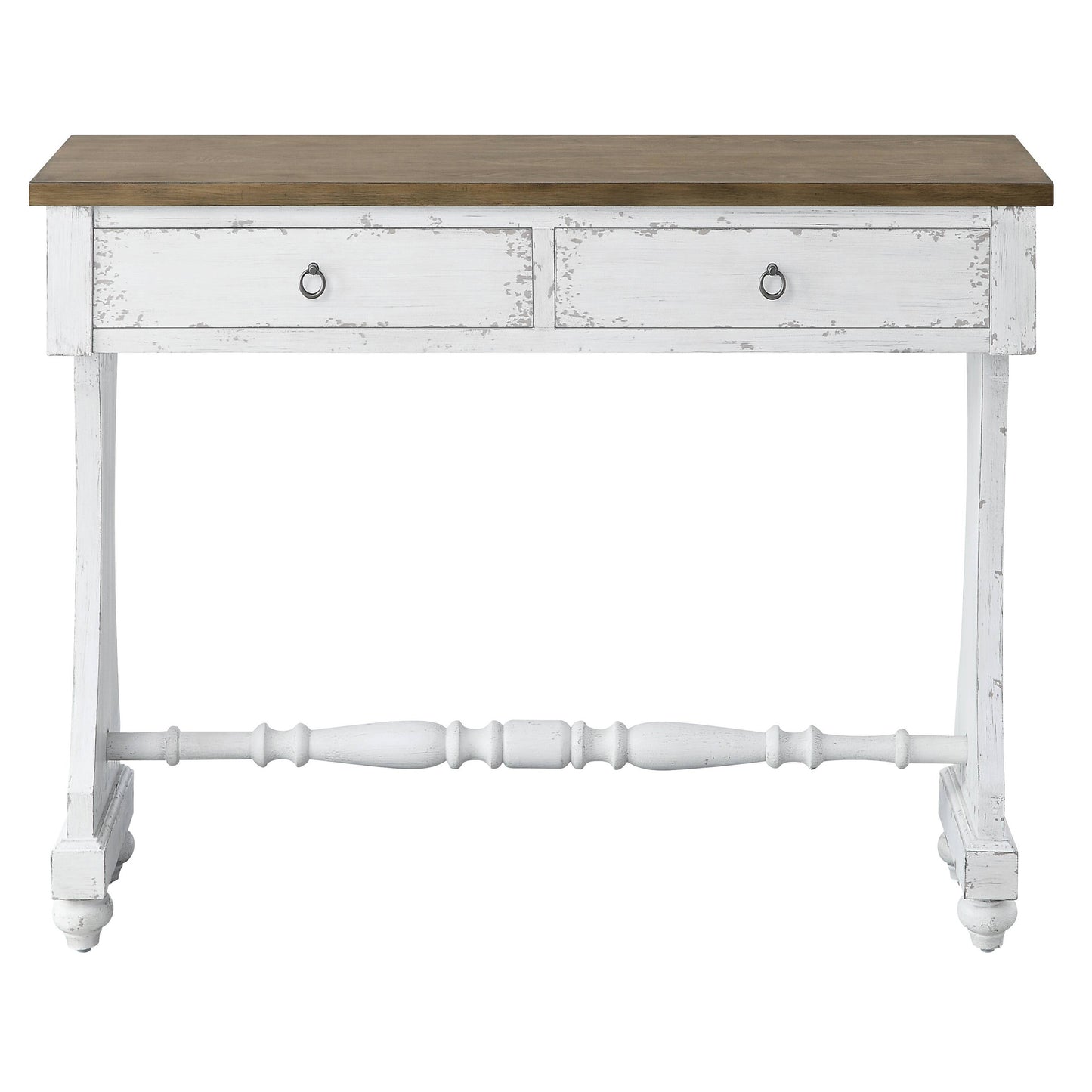 Rustic white distressed wood console table with two drawers and a natural wood top