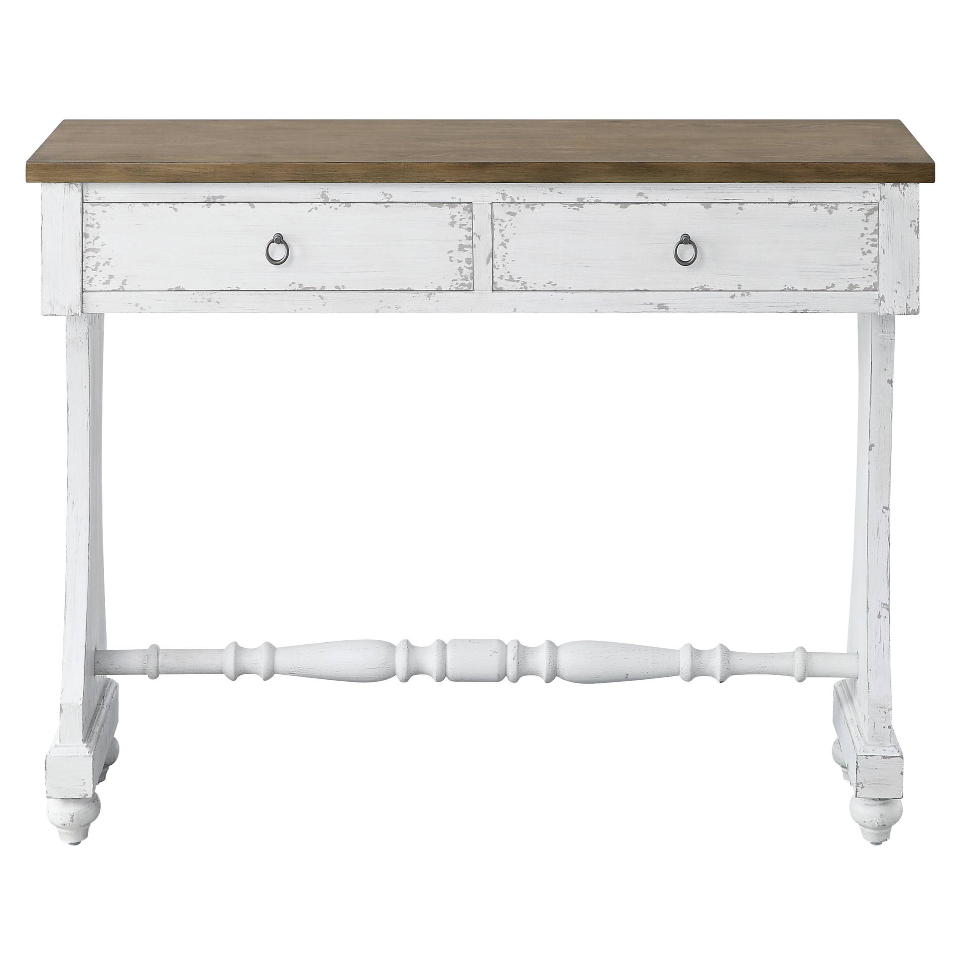 Rustic white distressed wood console table with two drawers and a natural wood top