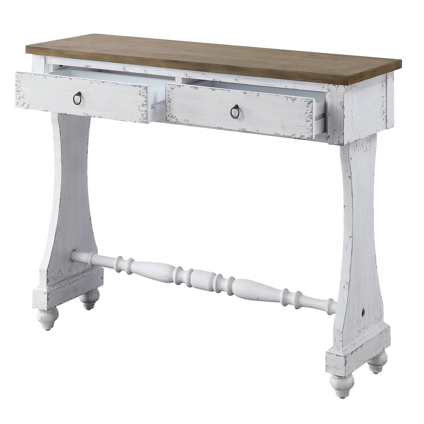 Distressed white wood console table with two drawers and antique brass pulls