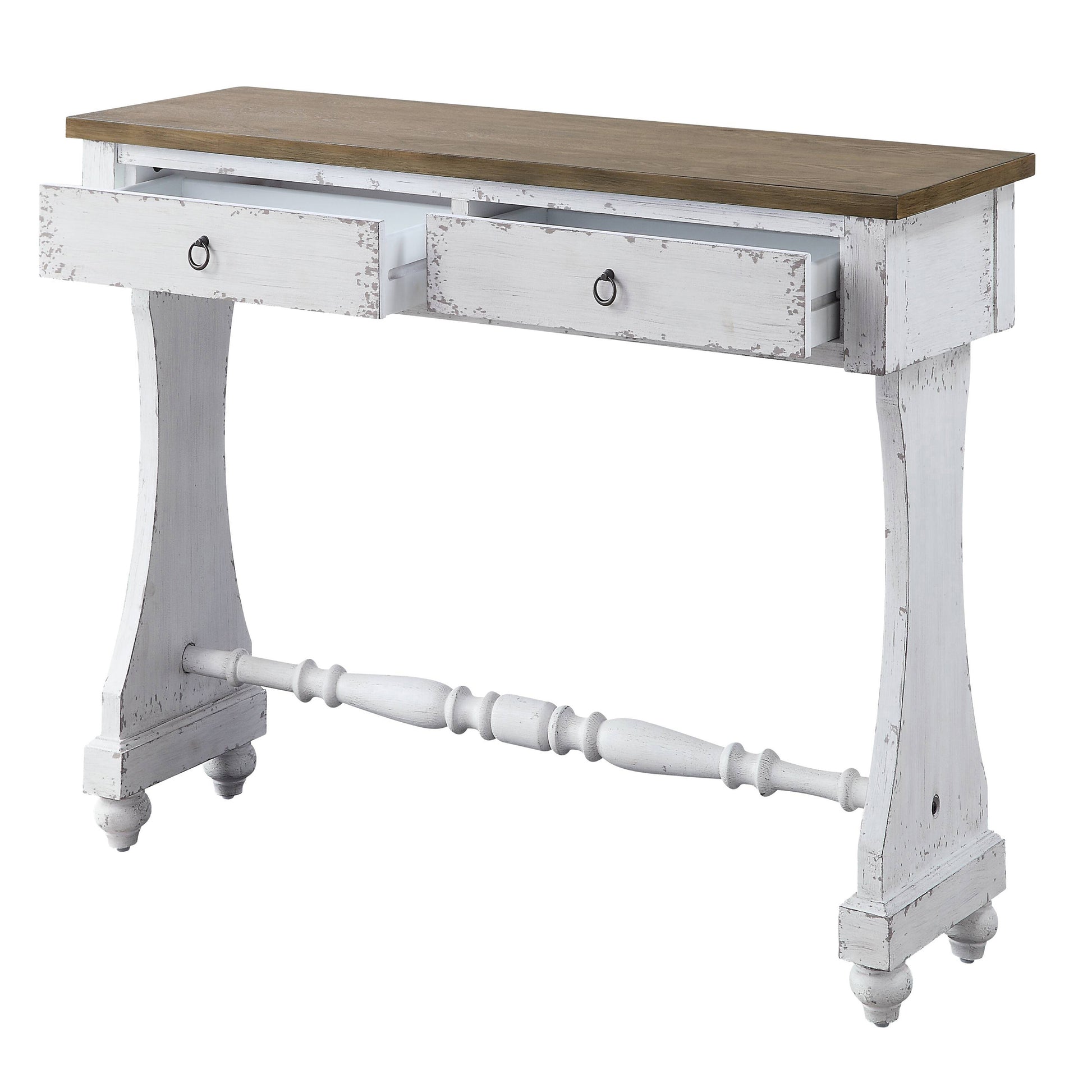 Distressed white wood console table with two drawers and antique brass pulls