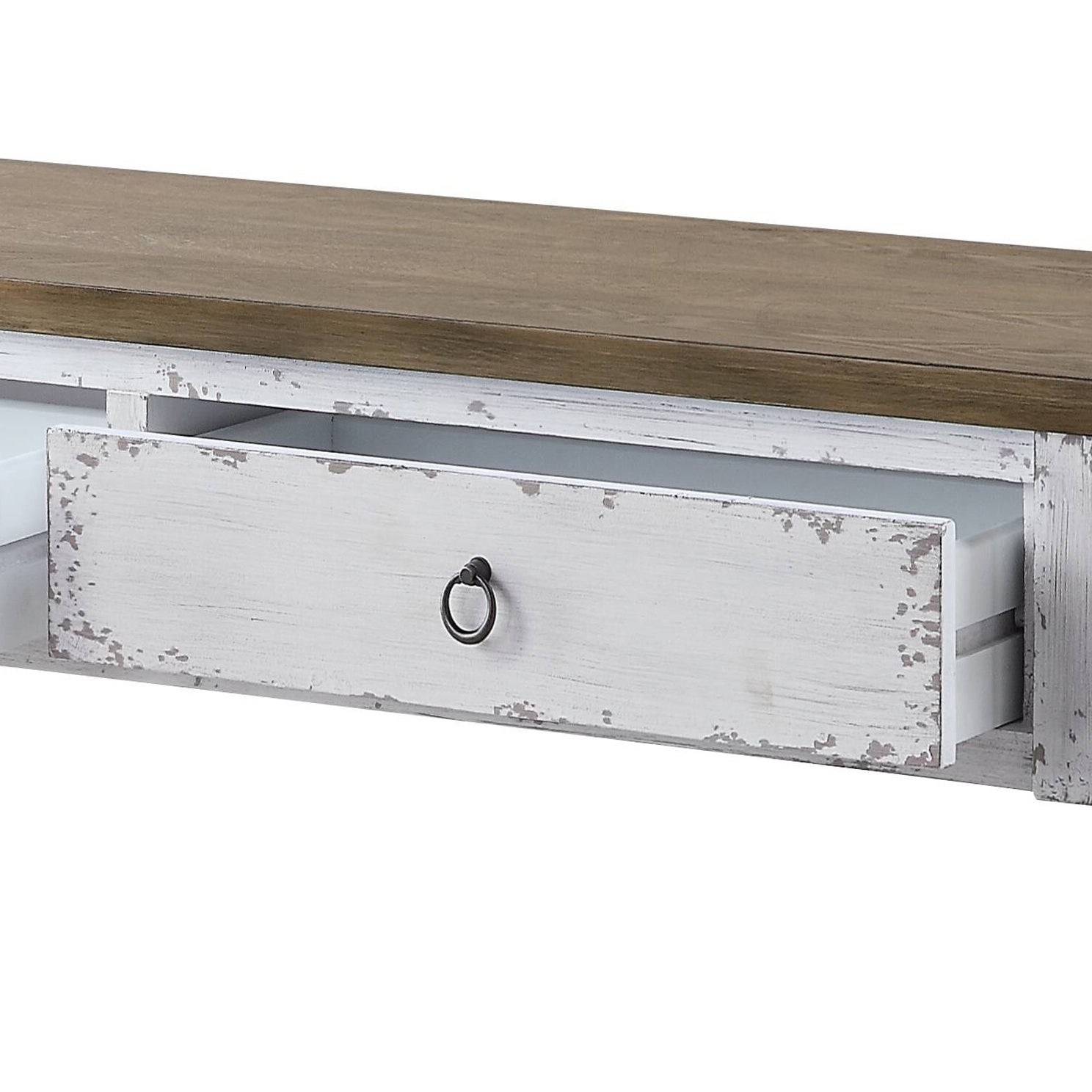 Distressed white wood drawer on a farmhouse console table with a dark wood top