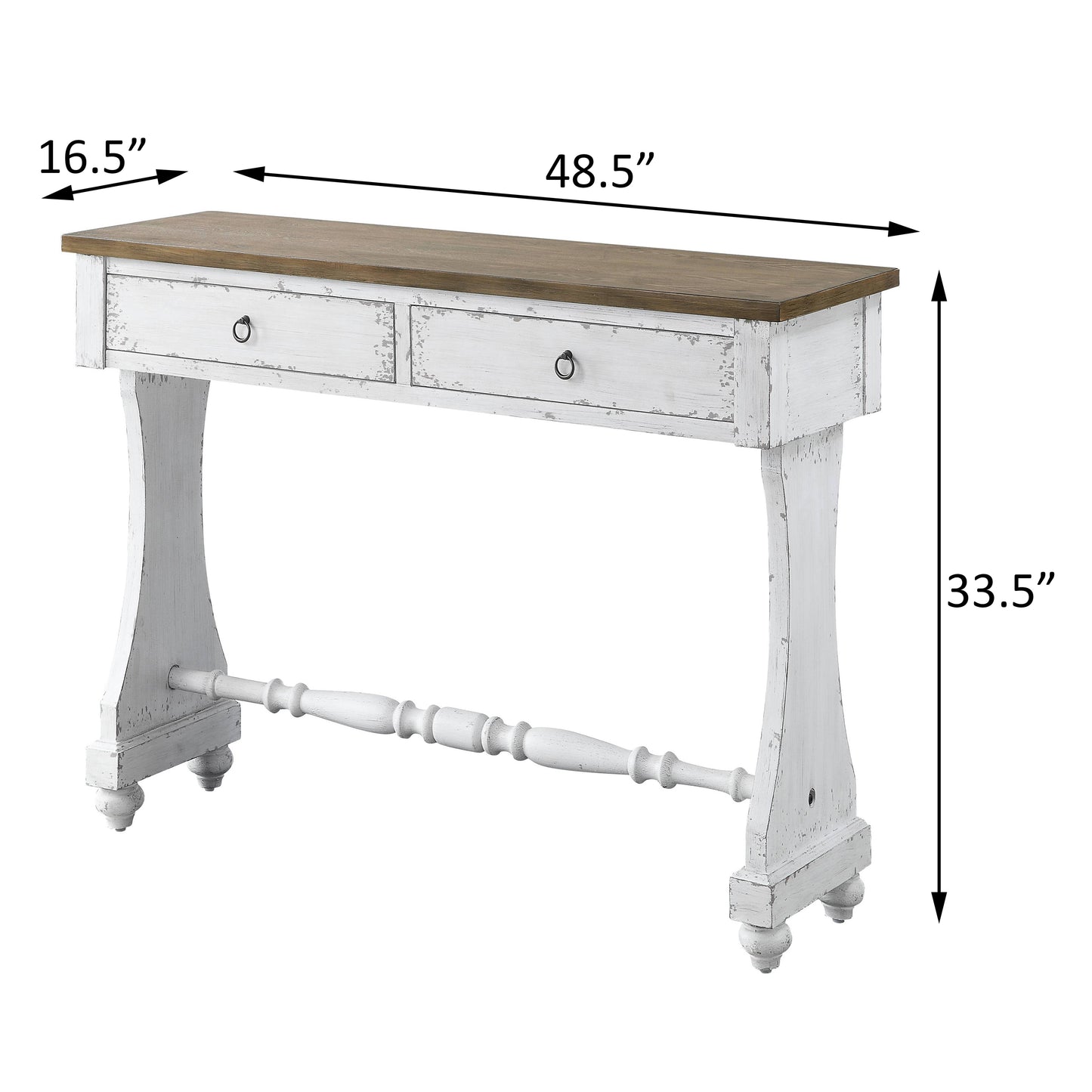 Distressed white console table with two drawers and a distressed wood top measuring  W x  D x  H