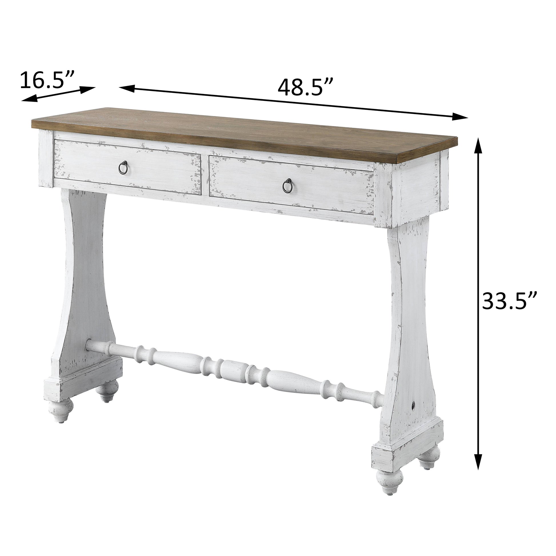 Distressed white console table with two drawers and a distressed wood top measuring  W x  D x  H